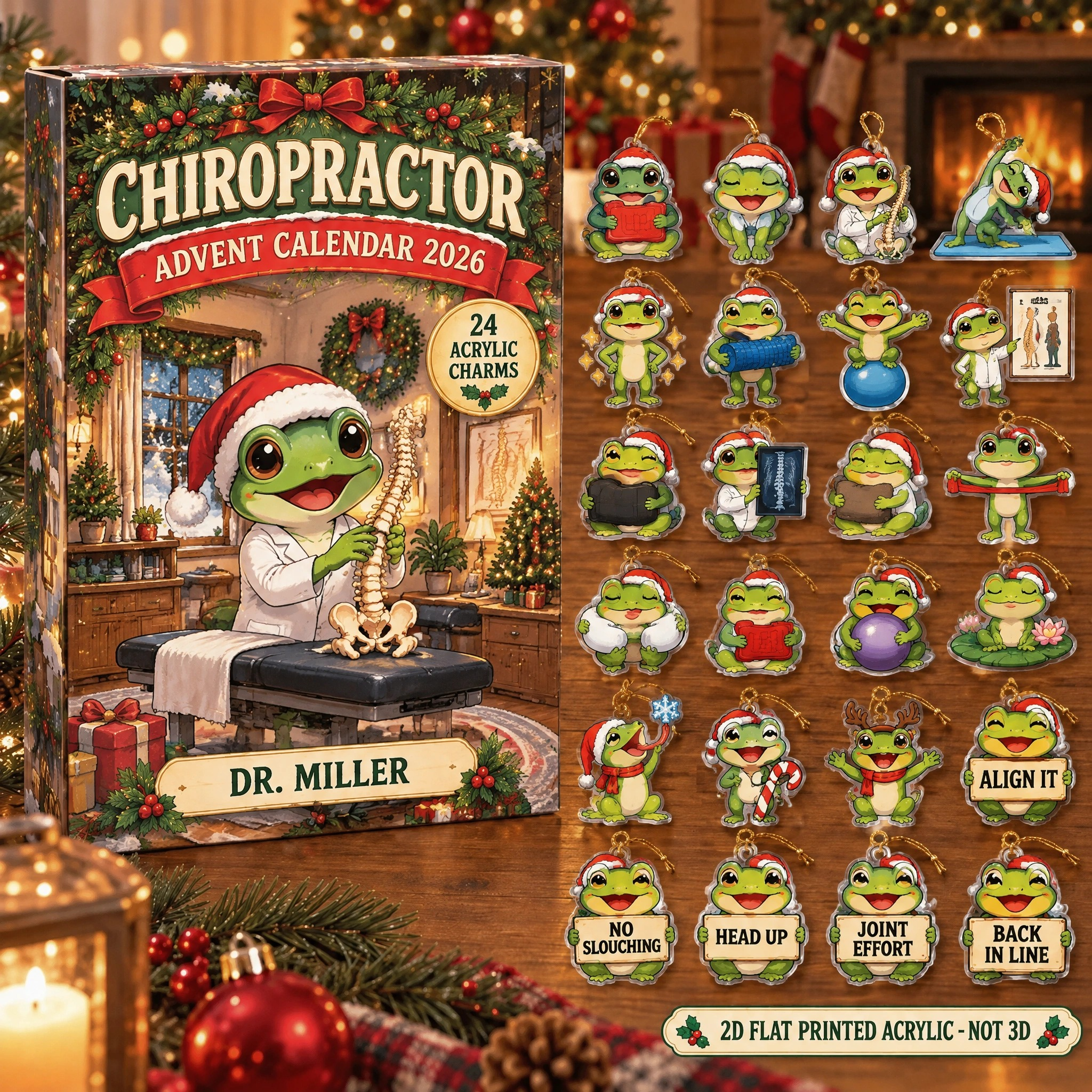 Personalized Chiropractor Frog advent calendar box with 24 flat acrylic Christmas charms