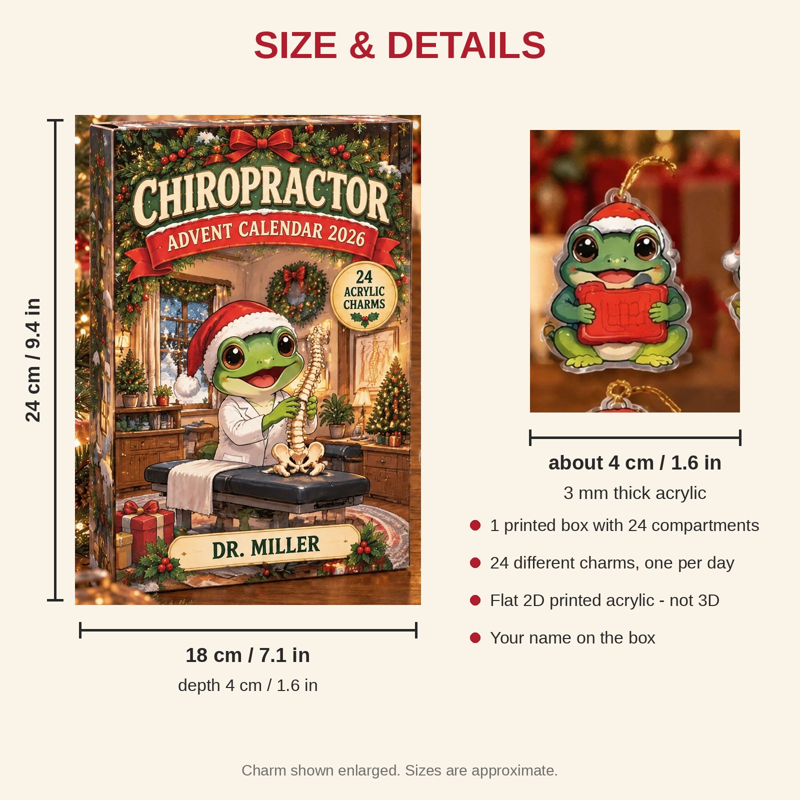 Personalized Chiropractor Frog advent calendar box with 24 flat acrylic Christmas charms: box and charm sizes