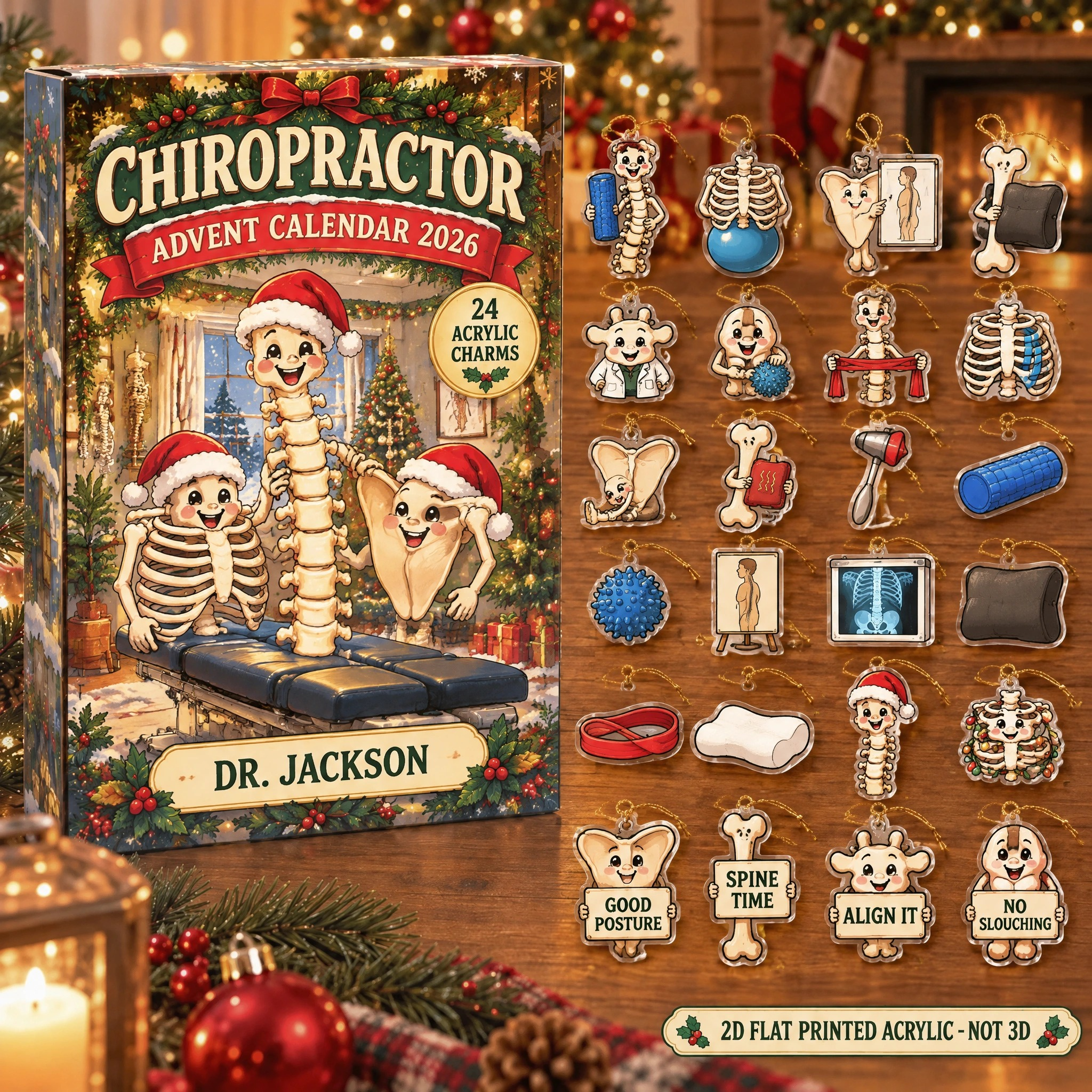 Personalized Funny Anatomy Chiropractor advent calendar box with 24 flat acrylic Christmas charms