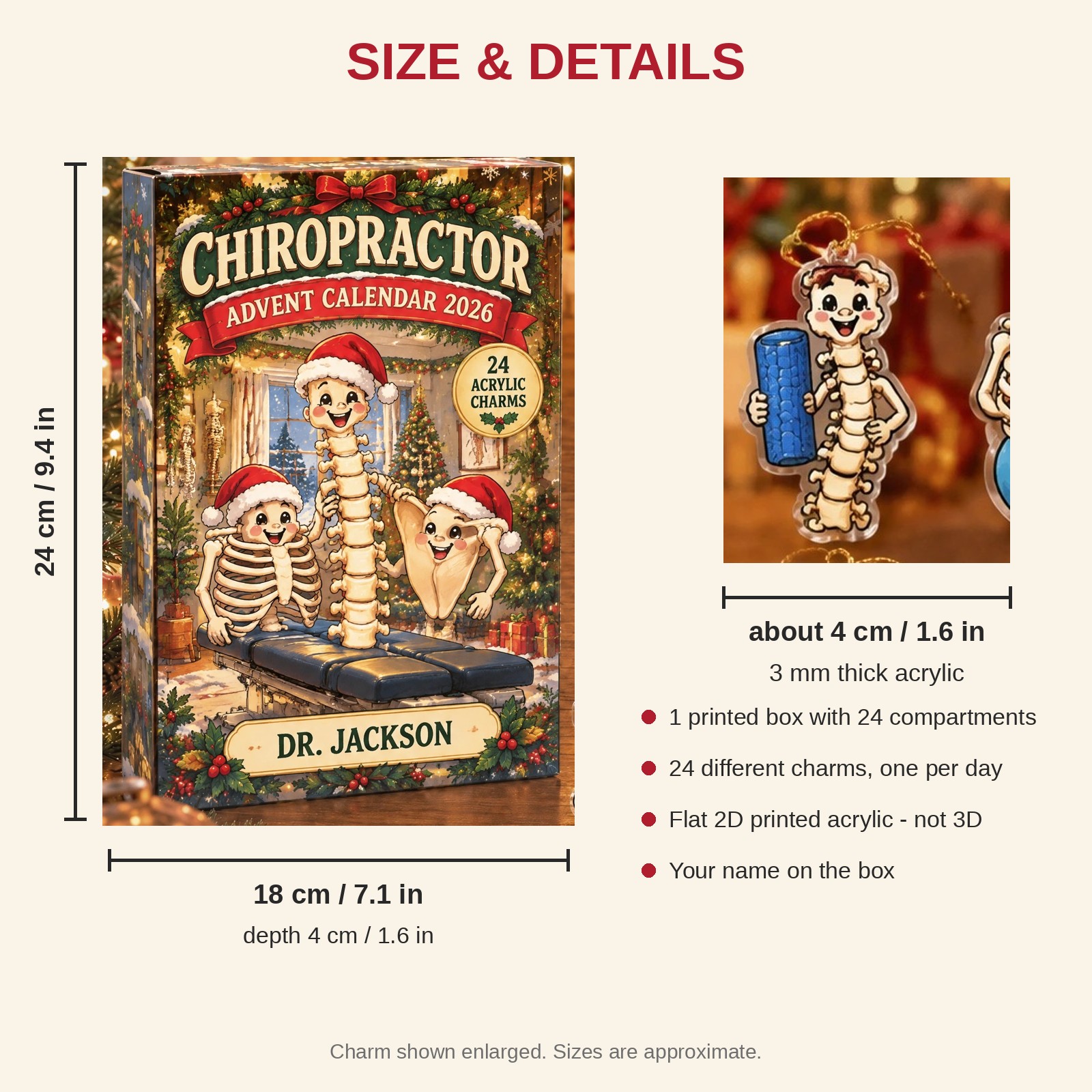 Personalized Funny Anatomy Chiropractor advent calendar box with 24 flat acrylic Christmas charms: box and charm sizes