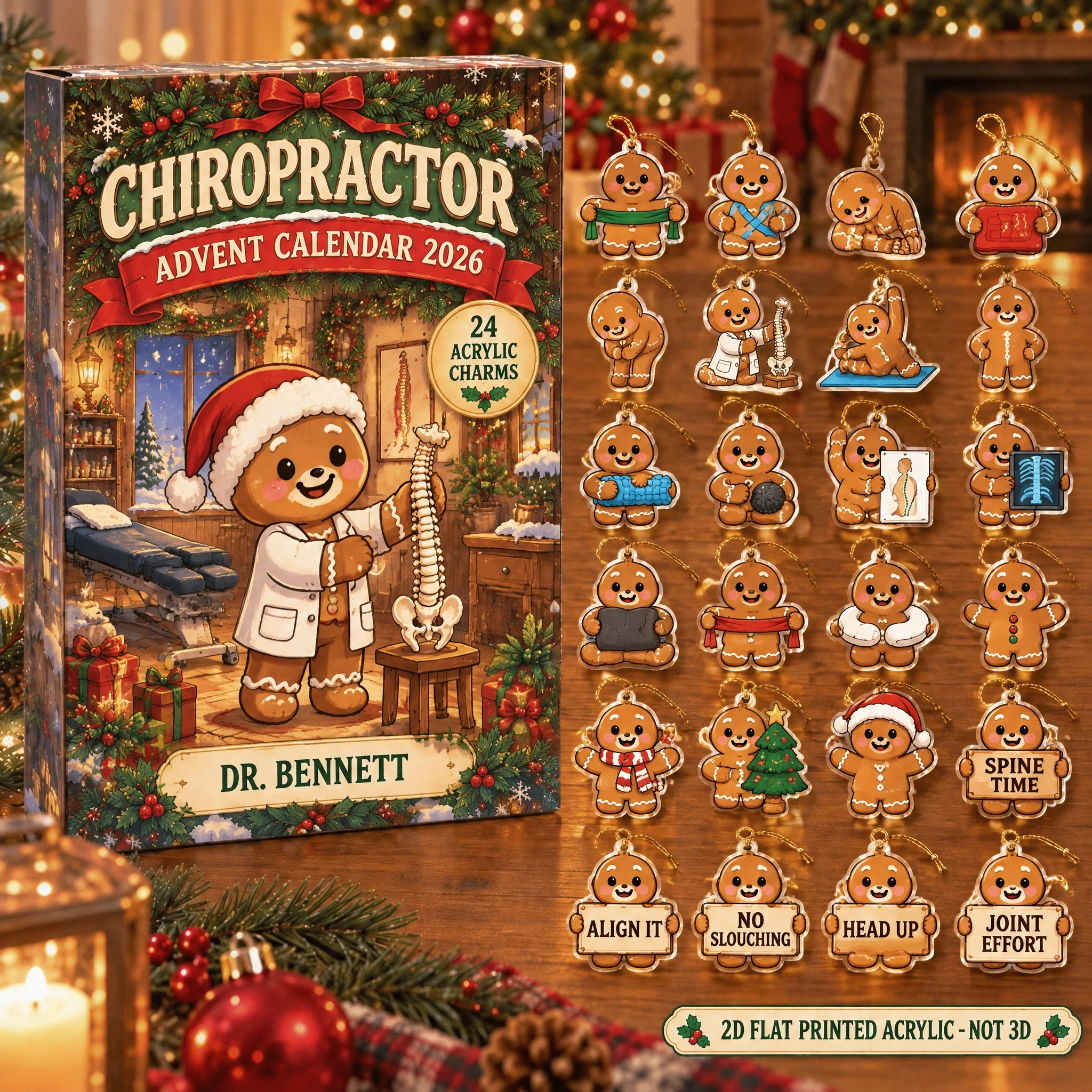 Personalized Gingerbread Chiropractor advent calendar box with 24 flat acrylic Christmas charms
