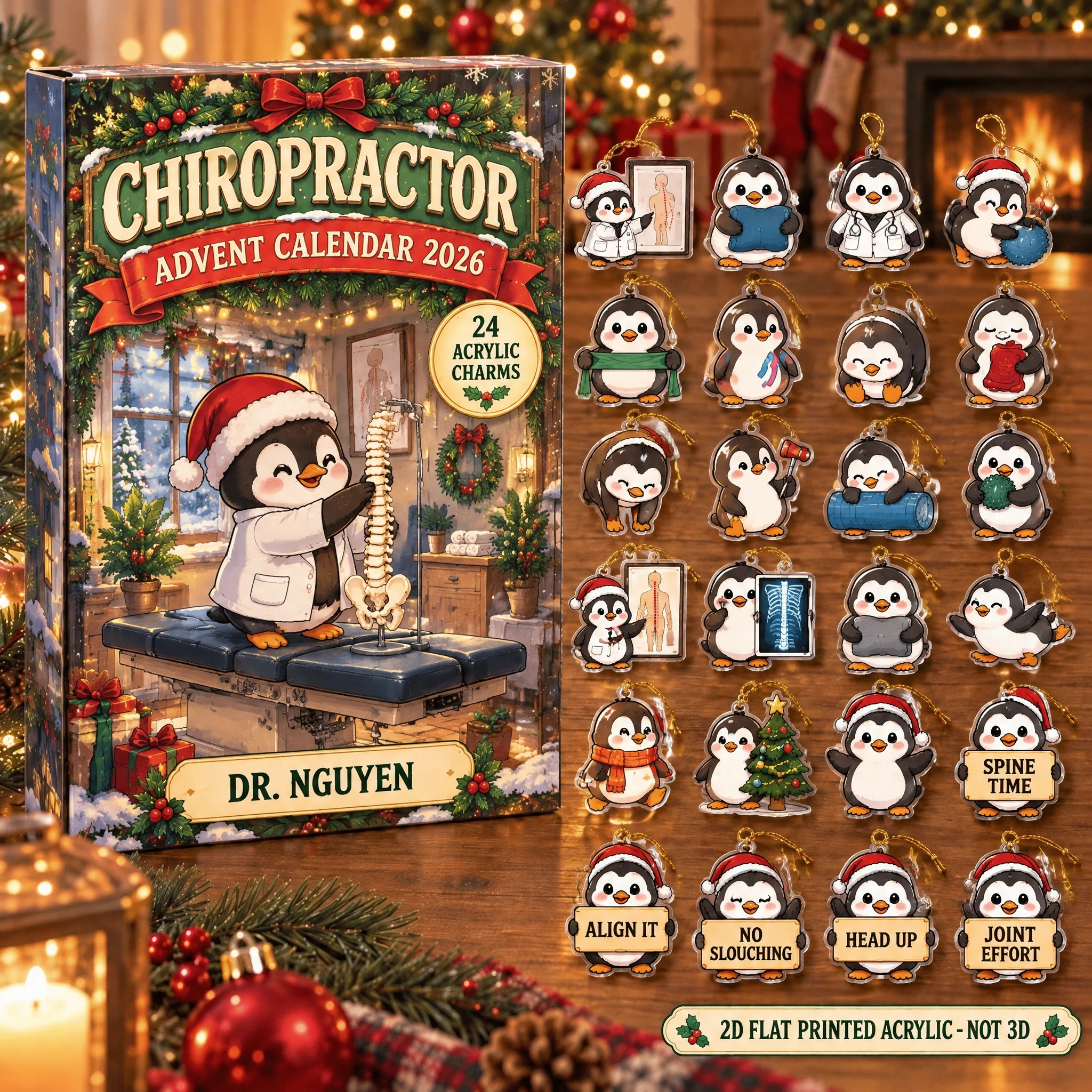 Personalized Chiropractor Penguin advent calendar box with 24 flat acrylic Christmas charms