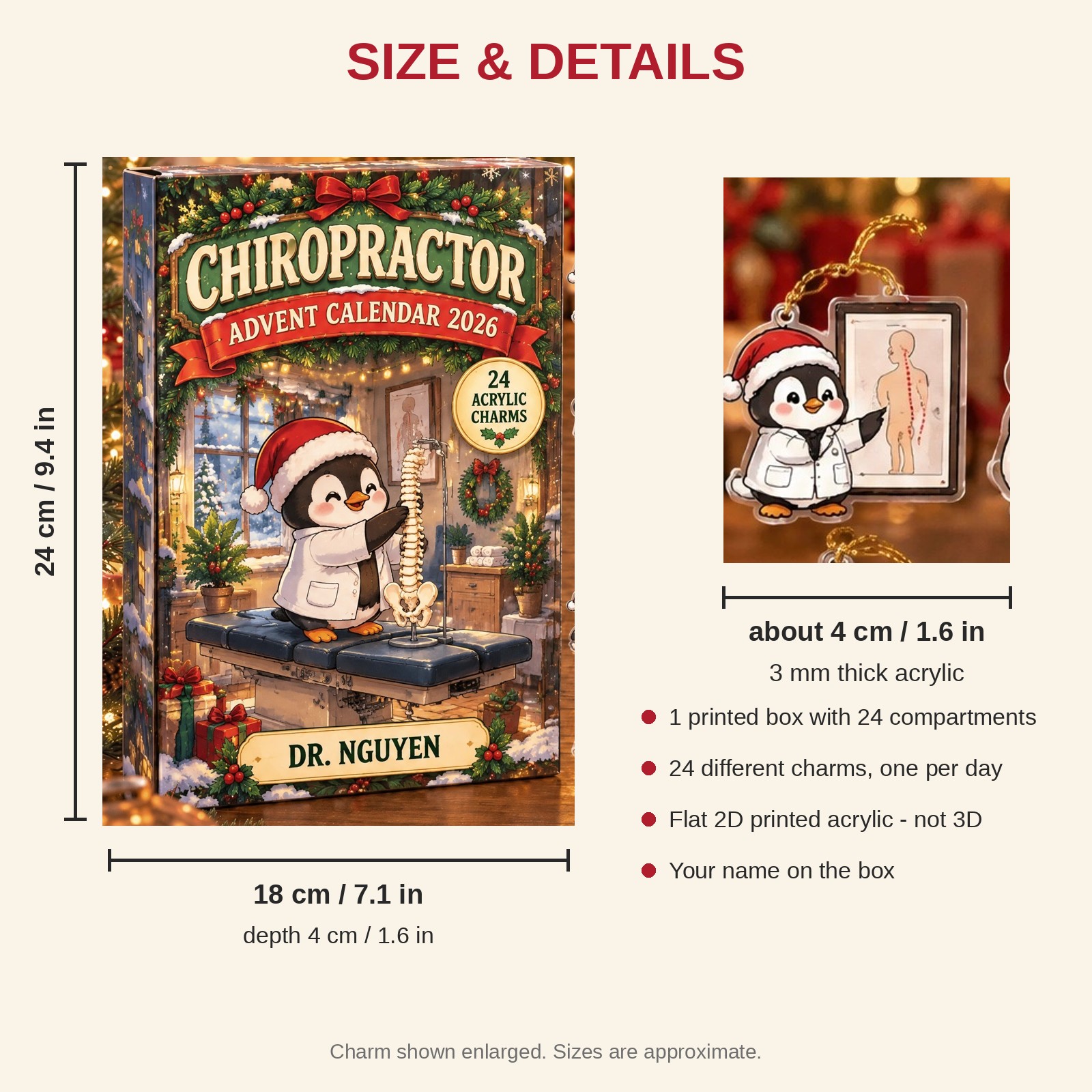 Personalized Chiropractor Penguin advent calendar box with 24 flat acrylic Christmas charms: box and charm sizes