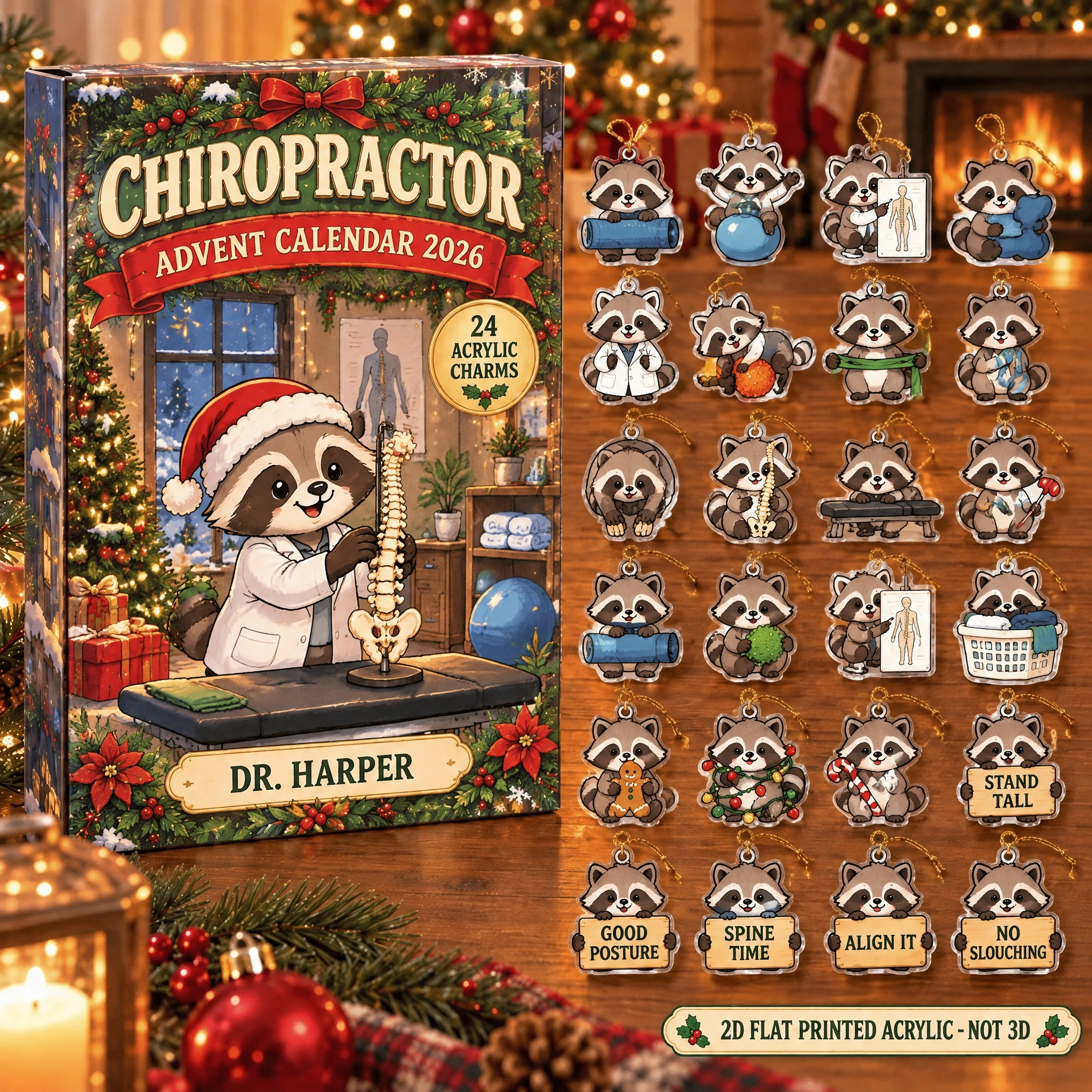 Personalized Chiropractor Raccoon advent calendar box with 24 flat acrylic Christmas charms