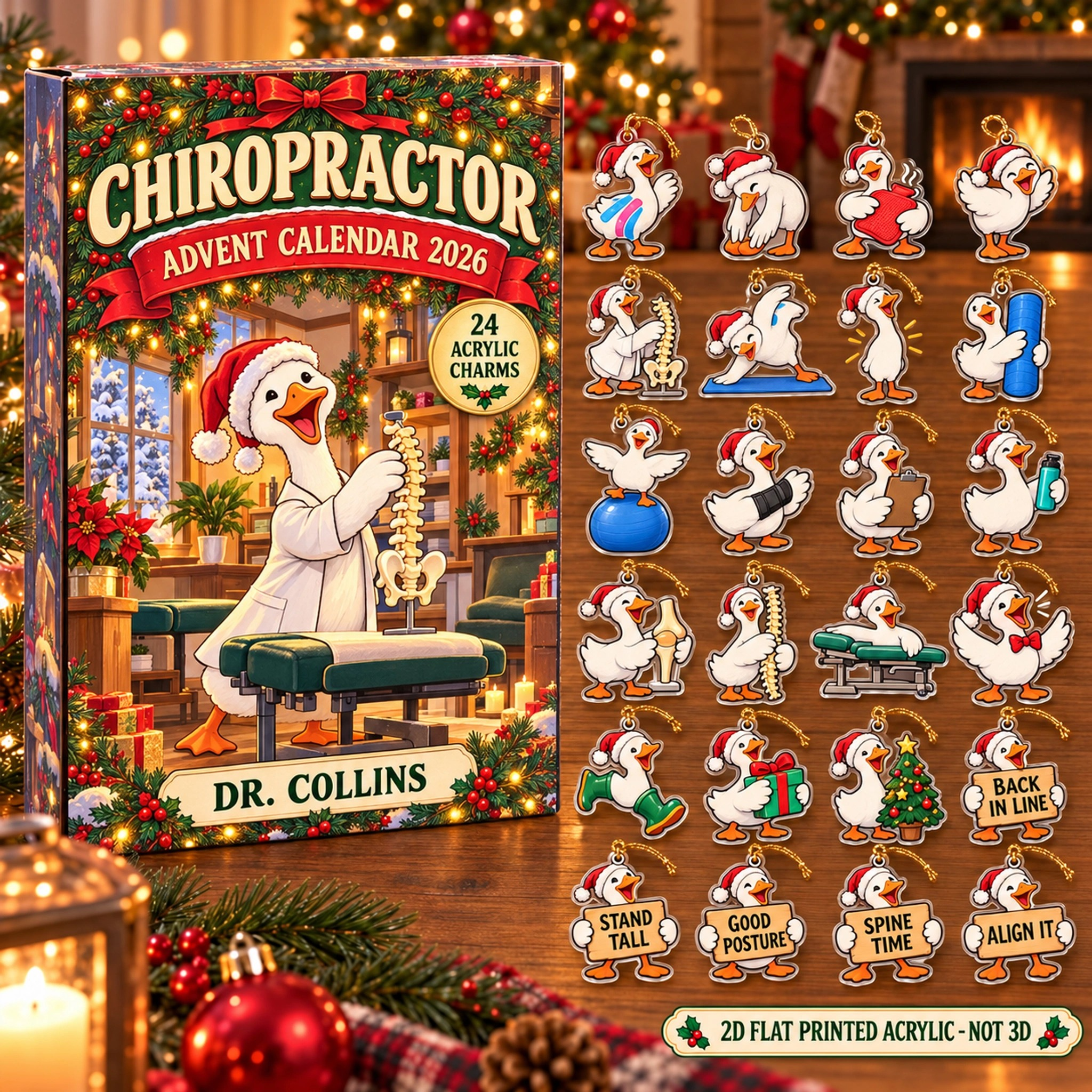 Personalized Chiropractor Silly Goose advent calendar box with 24 flat acrylic Christmas charms