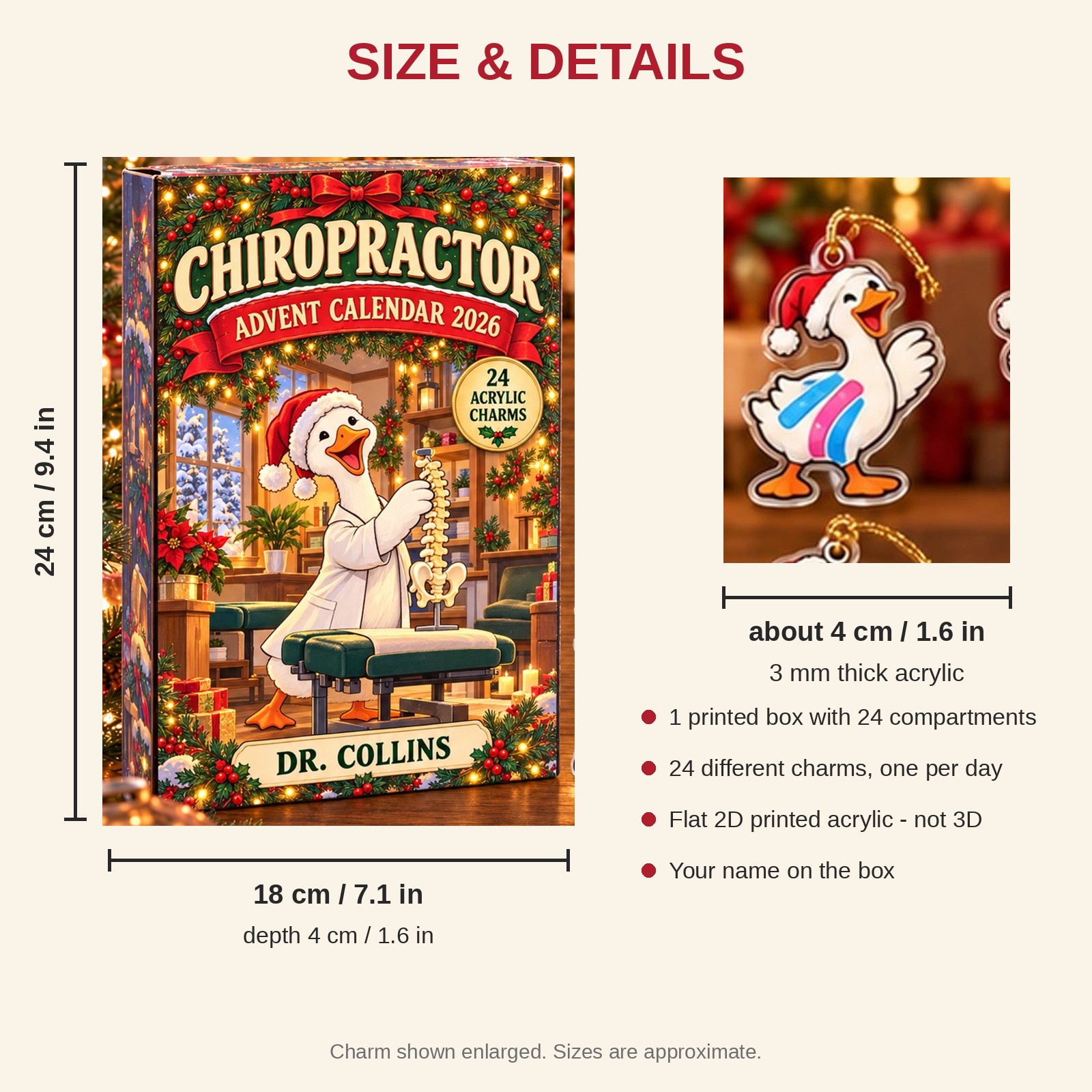 Personalized Chiropractor Silly Goose advent calendar box with 24 flat acrylic Christmas charms: box and charm sizes