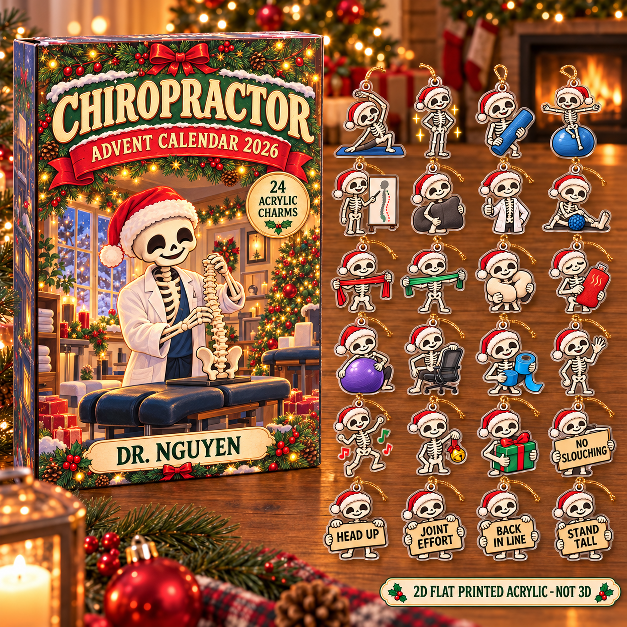 Personalized Chiropractor Skeleton advent calendar box with 24 flat acrylic Christmas charms