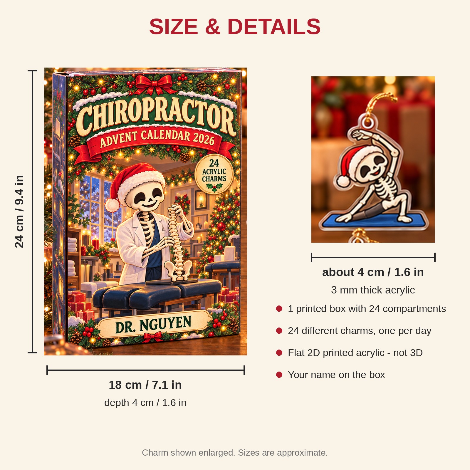 Personalized Chiropractor Skeleton advent calendar box with 24 flat acrylic Christmas charms: box and charm sizes