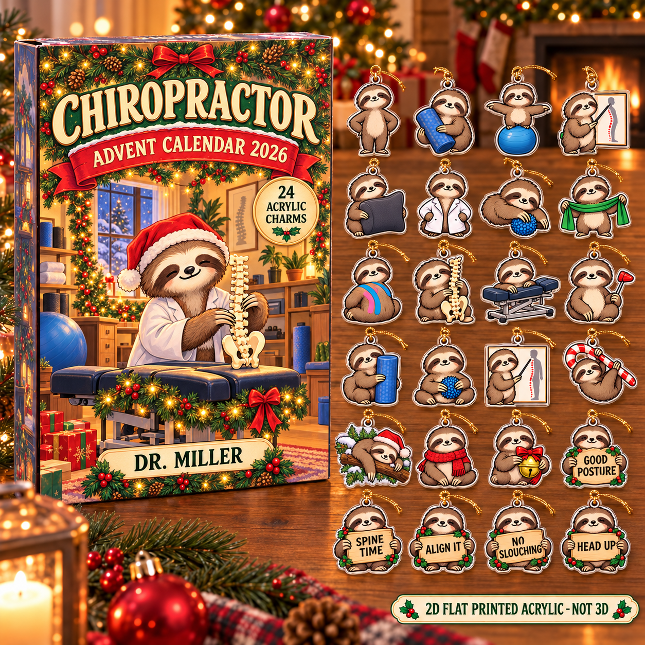 Personalized Chiropractor Sloth advent calendar box with 24 flat acrylic Christmas charms
