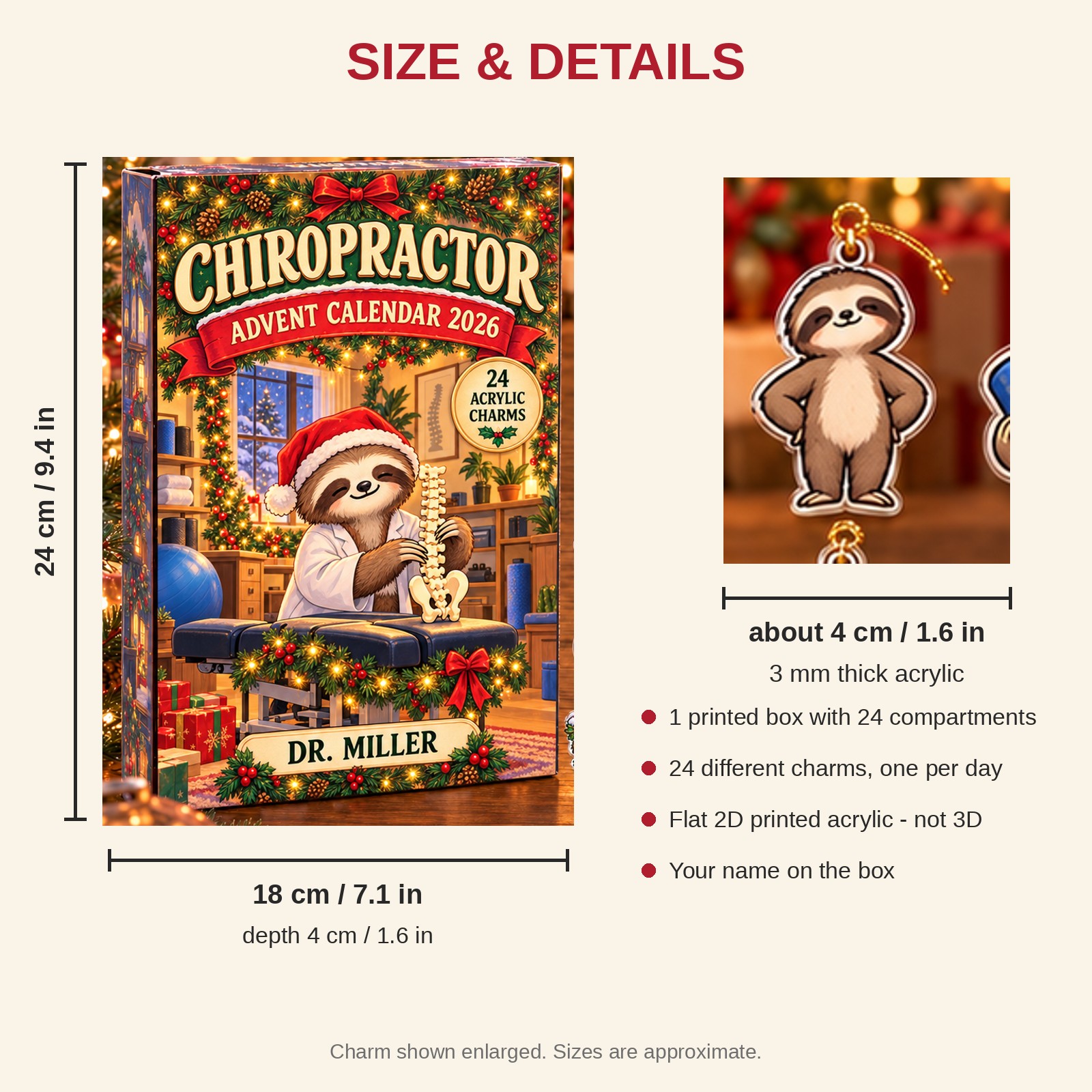 Personalized Chiropractor Sloth advent calendar box with 24 flat acrylic Christmas charms: box and charm sizes
