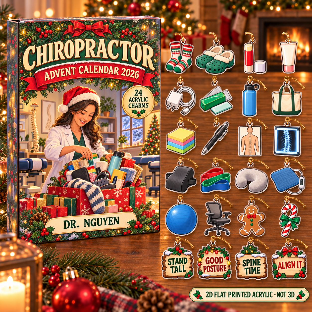 Personalized Chiropractor Survival Kit advent calendar box with 24 flat acrylic Christmas charms