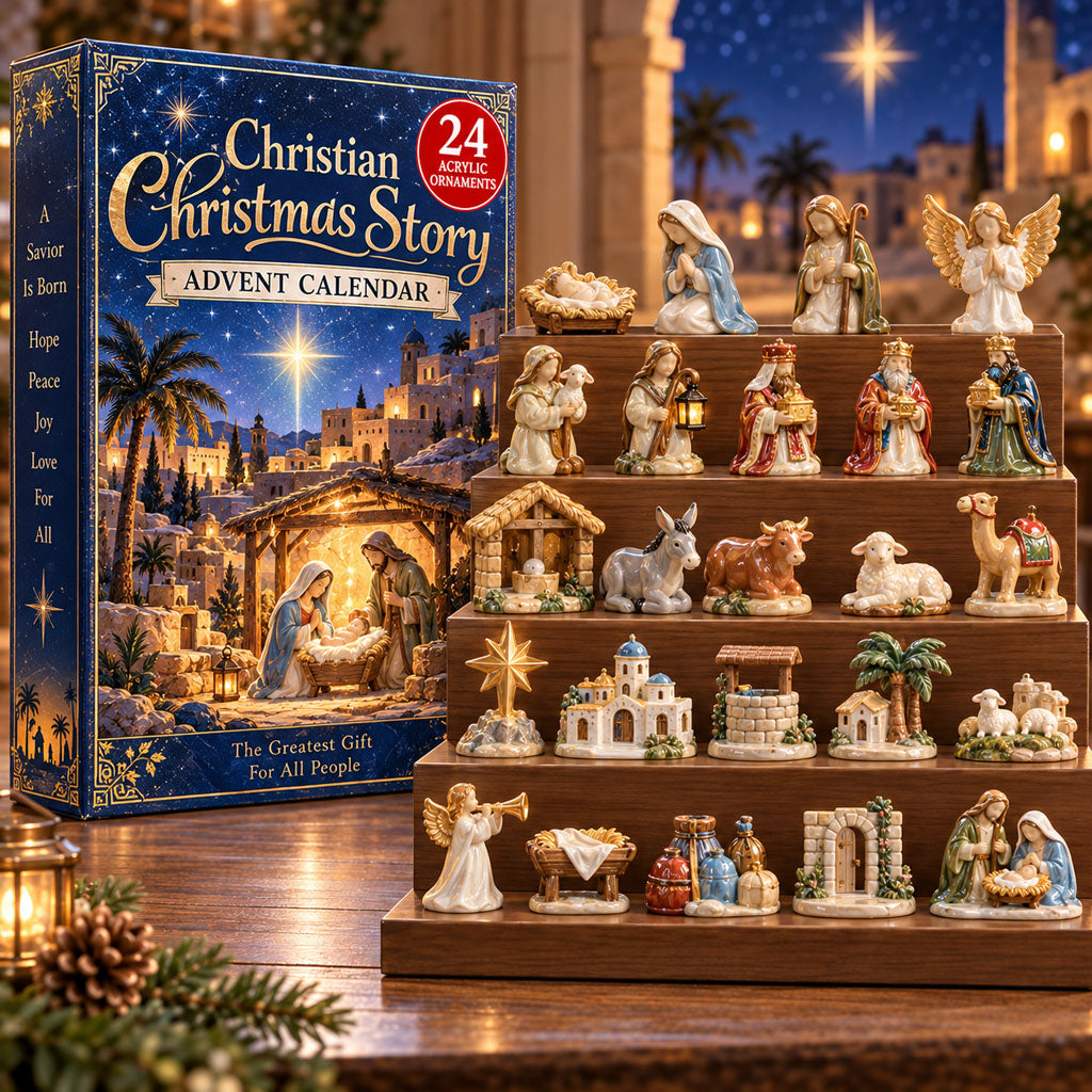 Christian Christmas Story advent calendar box with 24 acrylic Christmas charms