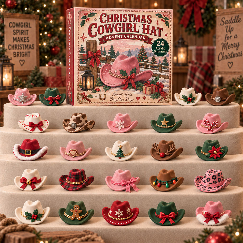 Christmas Cowgirl Hat advent calendar box with 24 acrylic Christmas charms