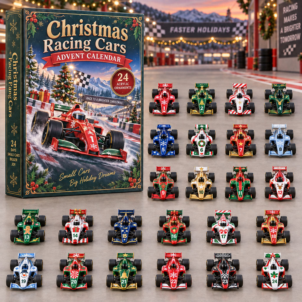 Christmas Racing Cars advent calendar box with 24 acrylic Christmas charms