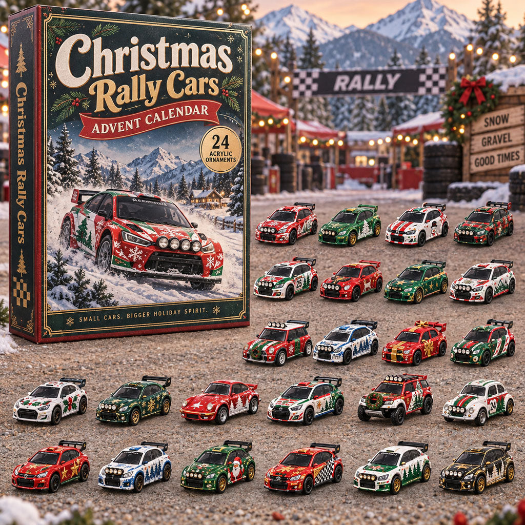 Christmas Rally Cars advent calendar box with 24 acrylic Christmas charms
