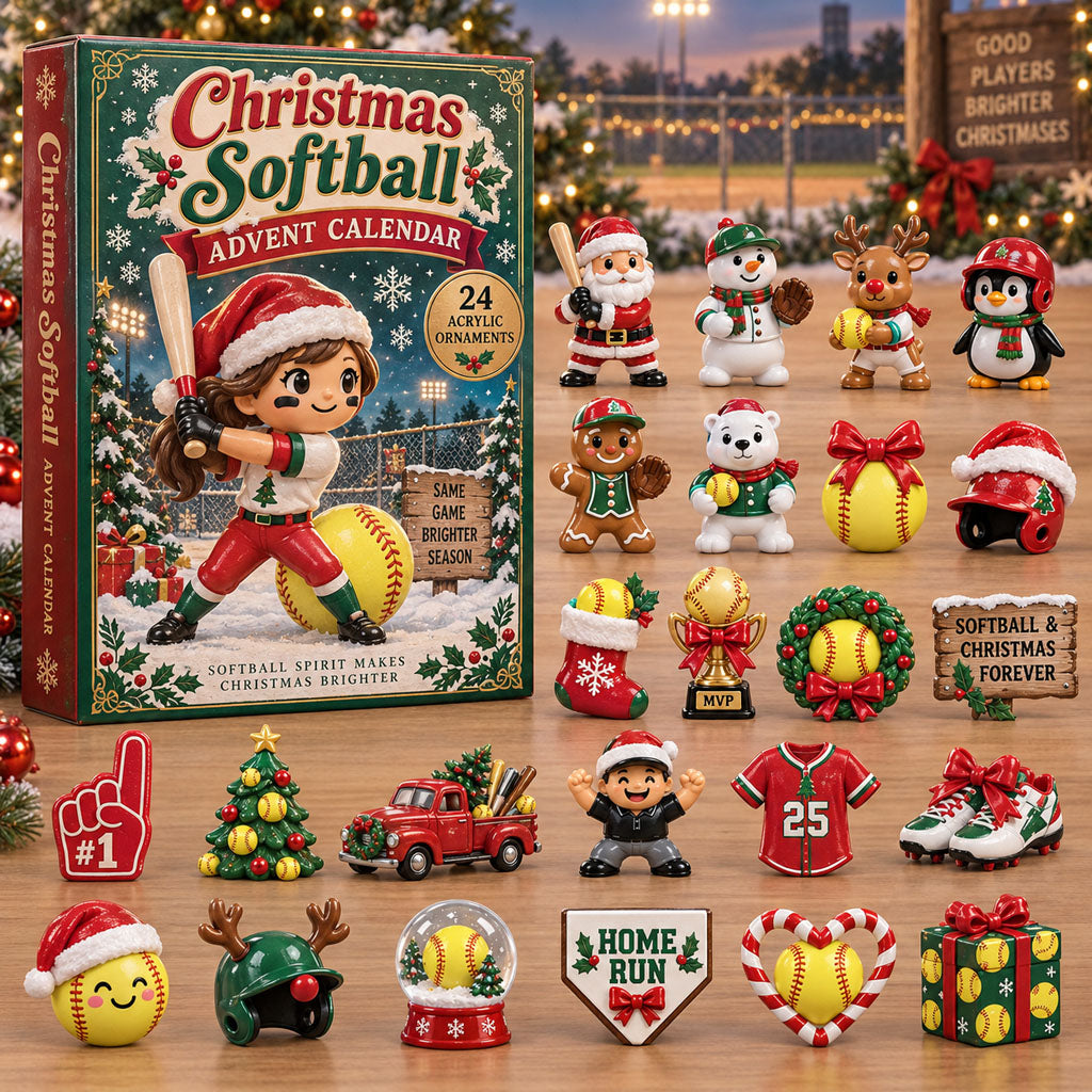 Christmas Softball advent calendar box with 24 acrylic Christmas charms