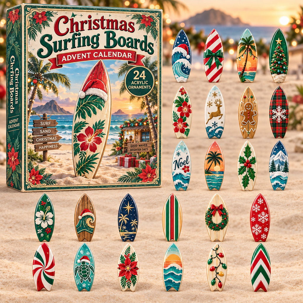 Christmas Surfing Boards advent calendar box with 24 acrylic Christmas charms