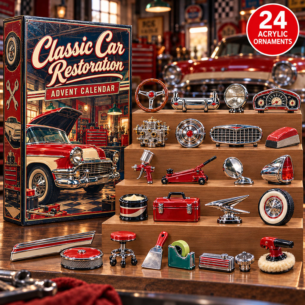 Classic Car Restoration advent calendar box with 24 acrylic Christmas charms