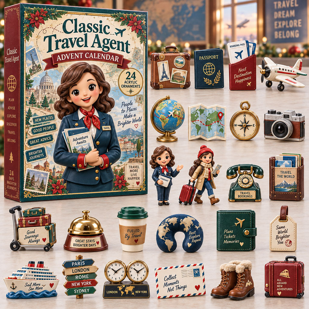 Classic Travel Agent advent calendar box with 24 acrylic Christmas charms