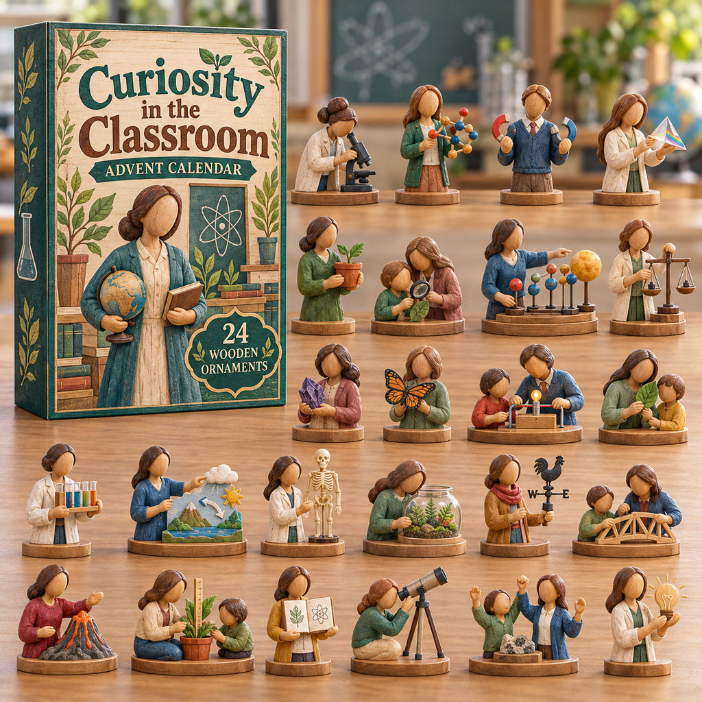 Classroom Curiosity advent calendar box with 24 wooden Christmas charms