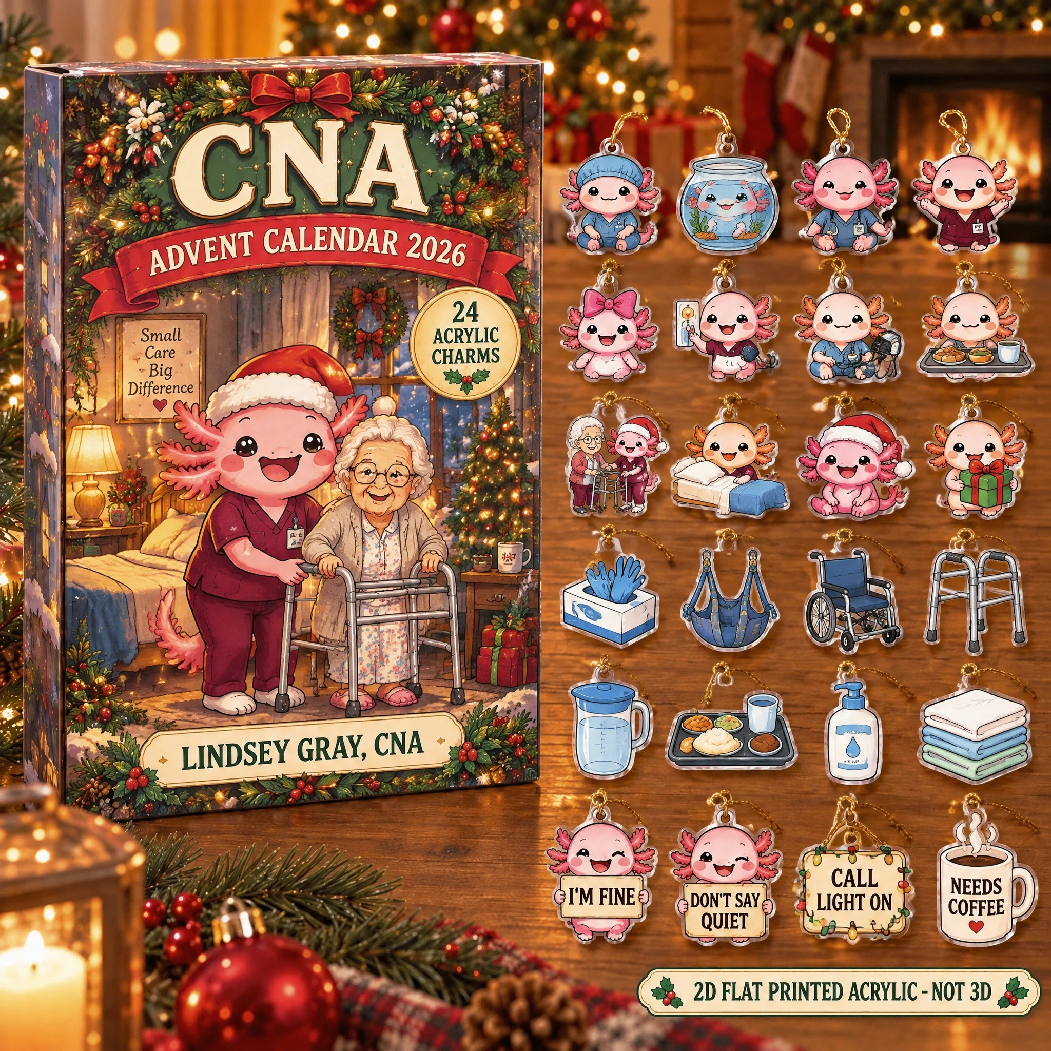 Personalized CNA Axolotl advent calendar box with 24 flat acrylic Christmas charms