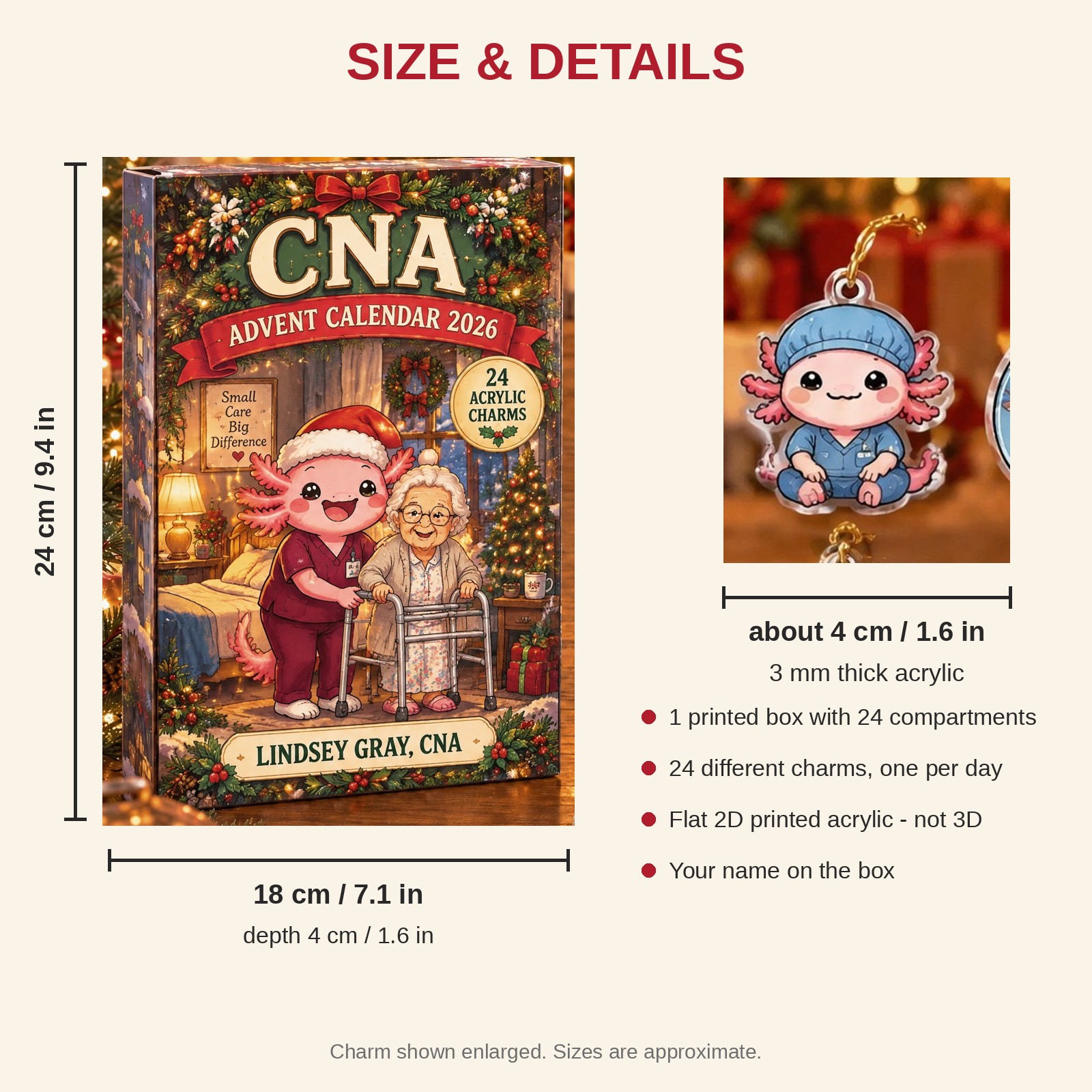 Personalized CNA Axolotl advent calendar box with 24 flat acrylic Christmas charms: box and charm sizes
