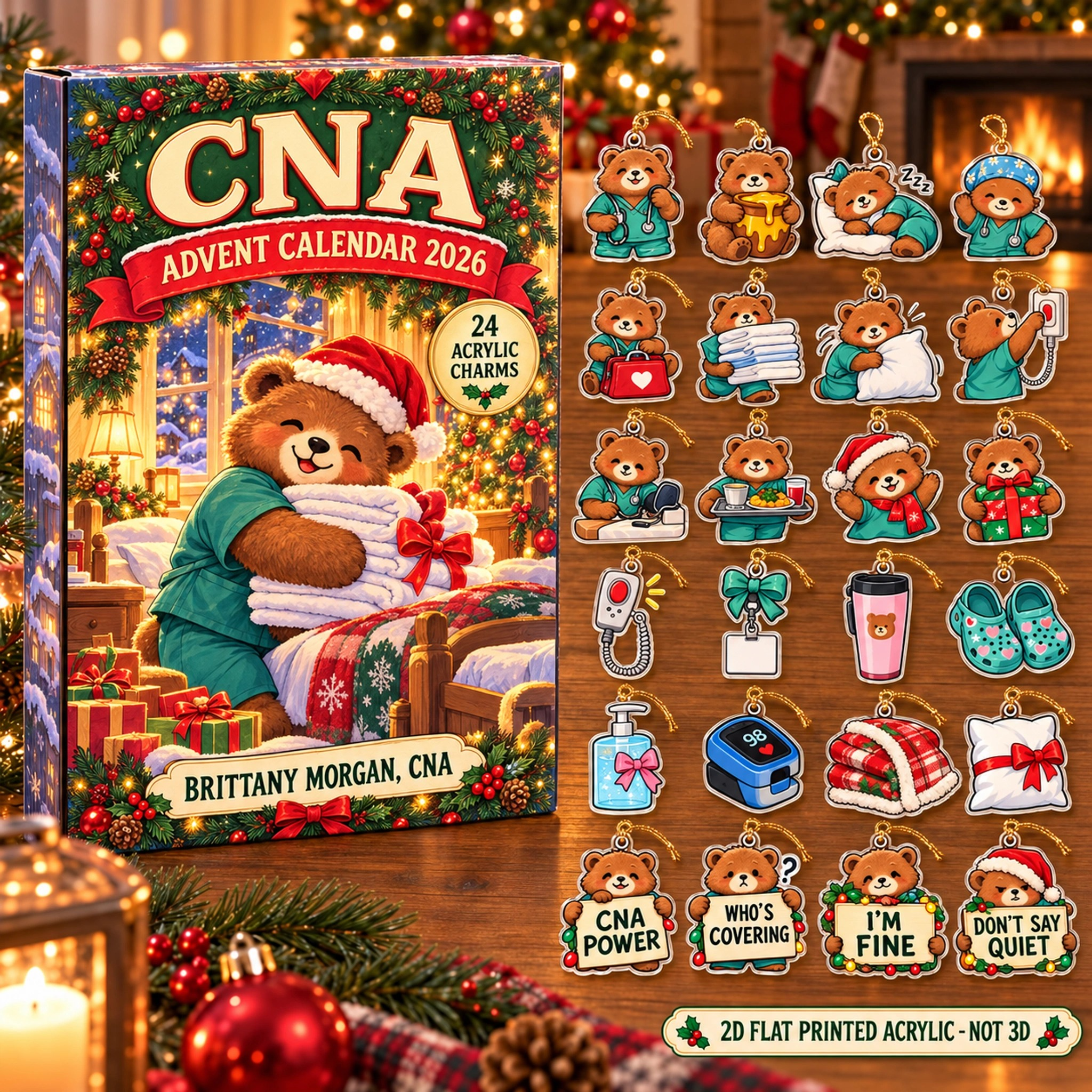 Personalized CNA Bear advent calendar box with 24 flat acrylic Christmas charms