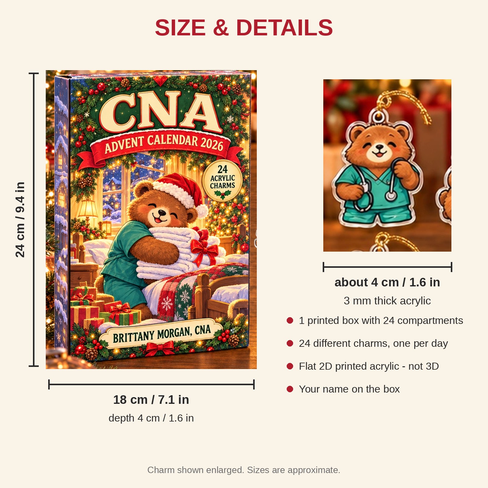 Personalized CNA Bear advent calendar box with 24 flat acrylic Christmas charms: box and charm sizes