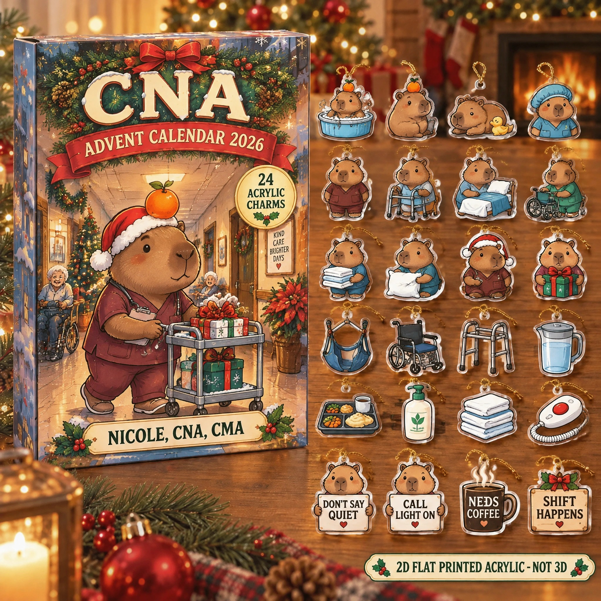 Personalized CNA Capybara advent calendar box with 24 flat acrylic Christmas charms