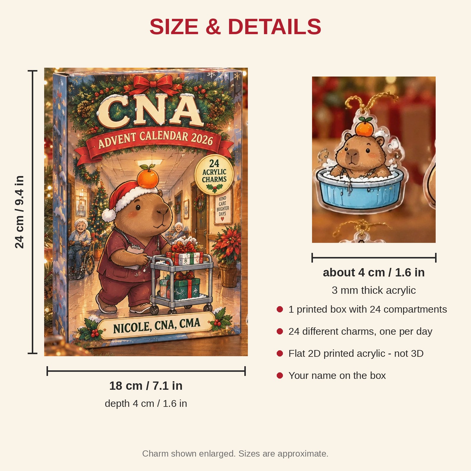 Personalized CNA Capybara advent calendar box with 24 flat acrylic Christmas charms: box and charm sizes