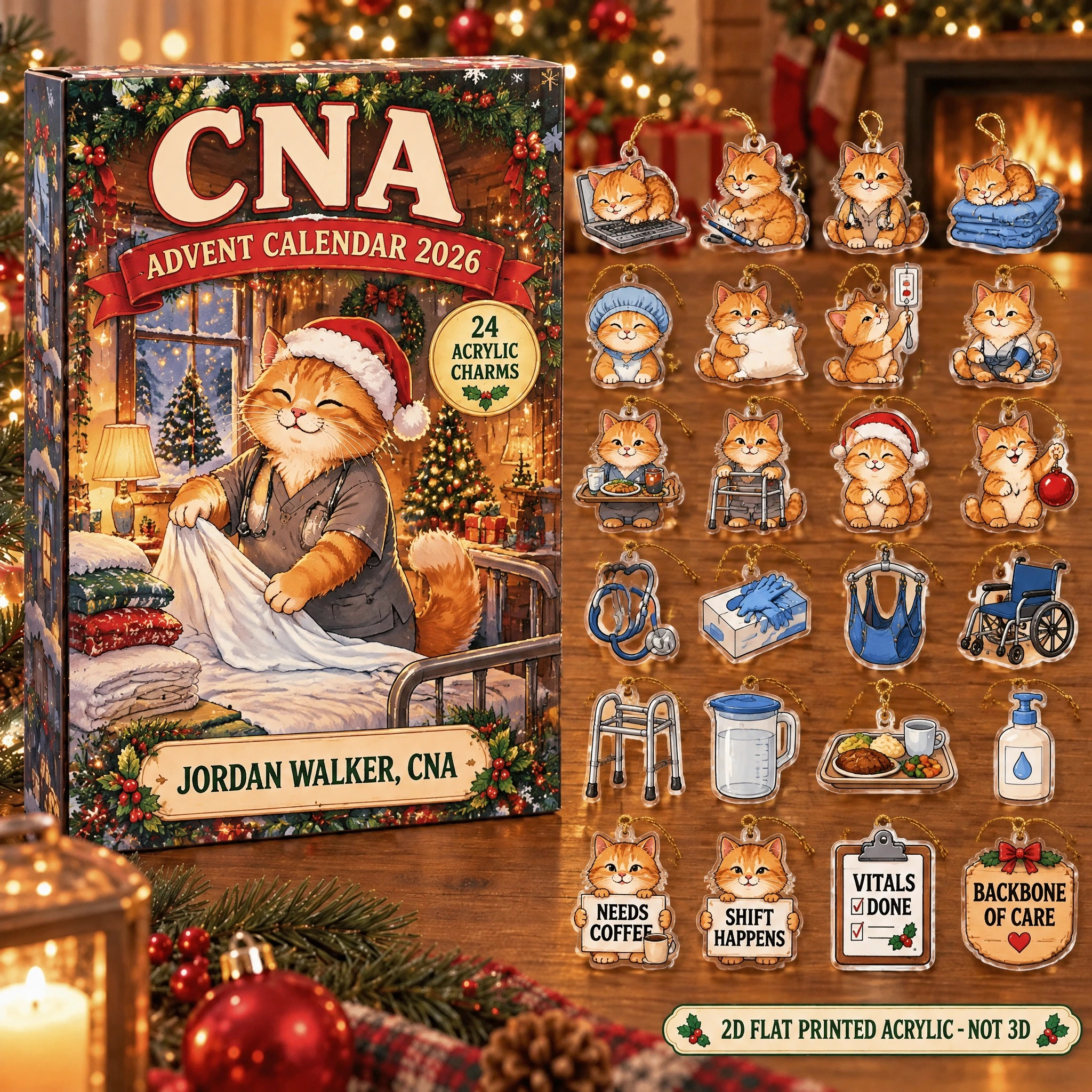 Personalized CNA Cat advent calendar box with 24 flat acrylic Christmas charms