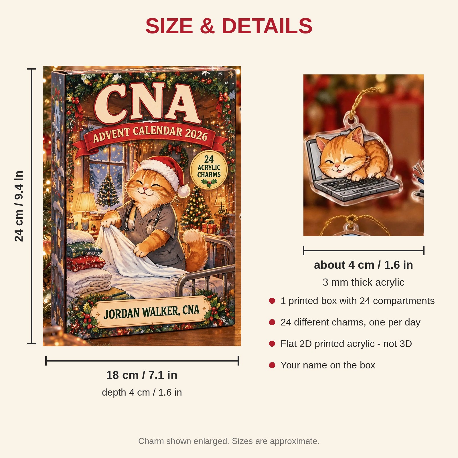 Personalized CNA Cat advent calendar box with 24 flat acrylic Christmas charms: box and charm sizes