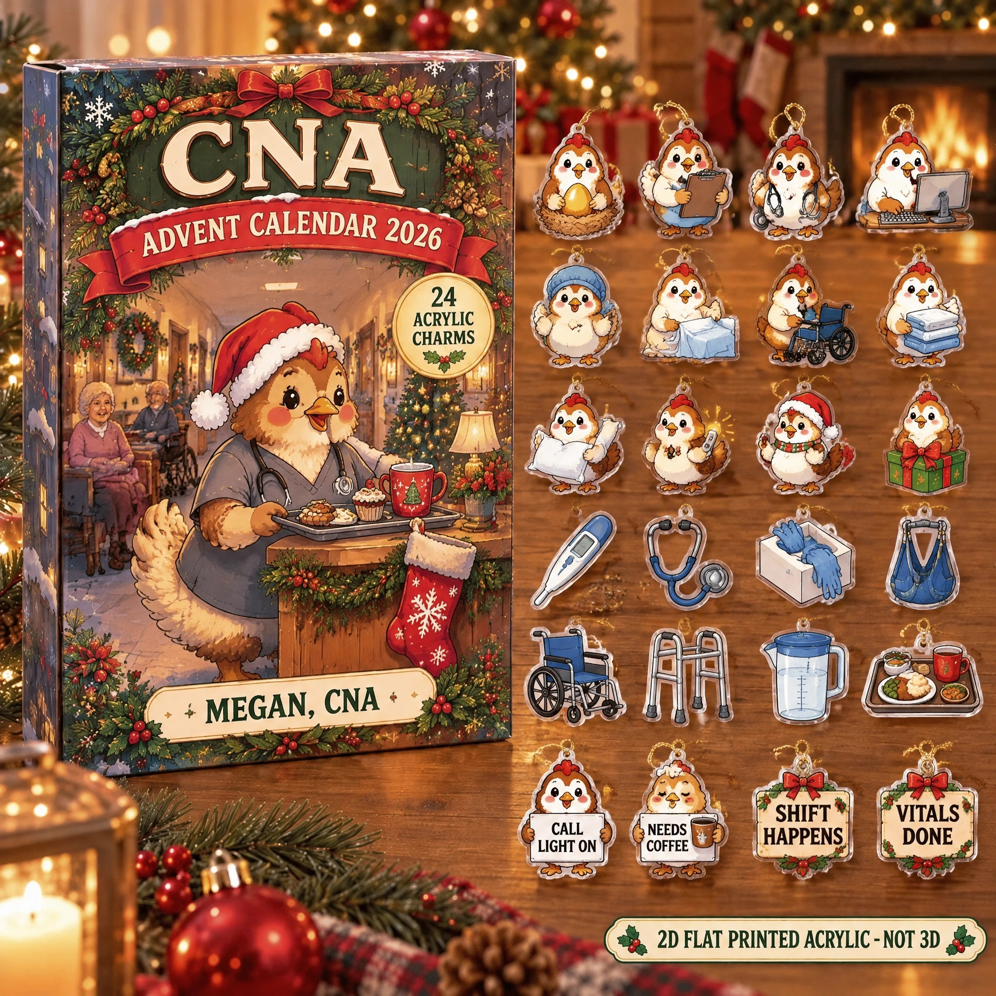 Personalized CNA Chicken advent calendar box with 24 flat acrylic Christmas charms