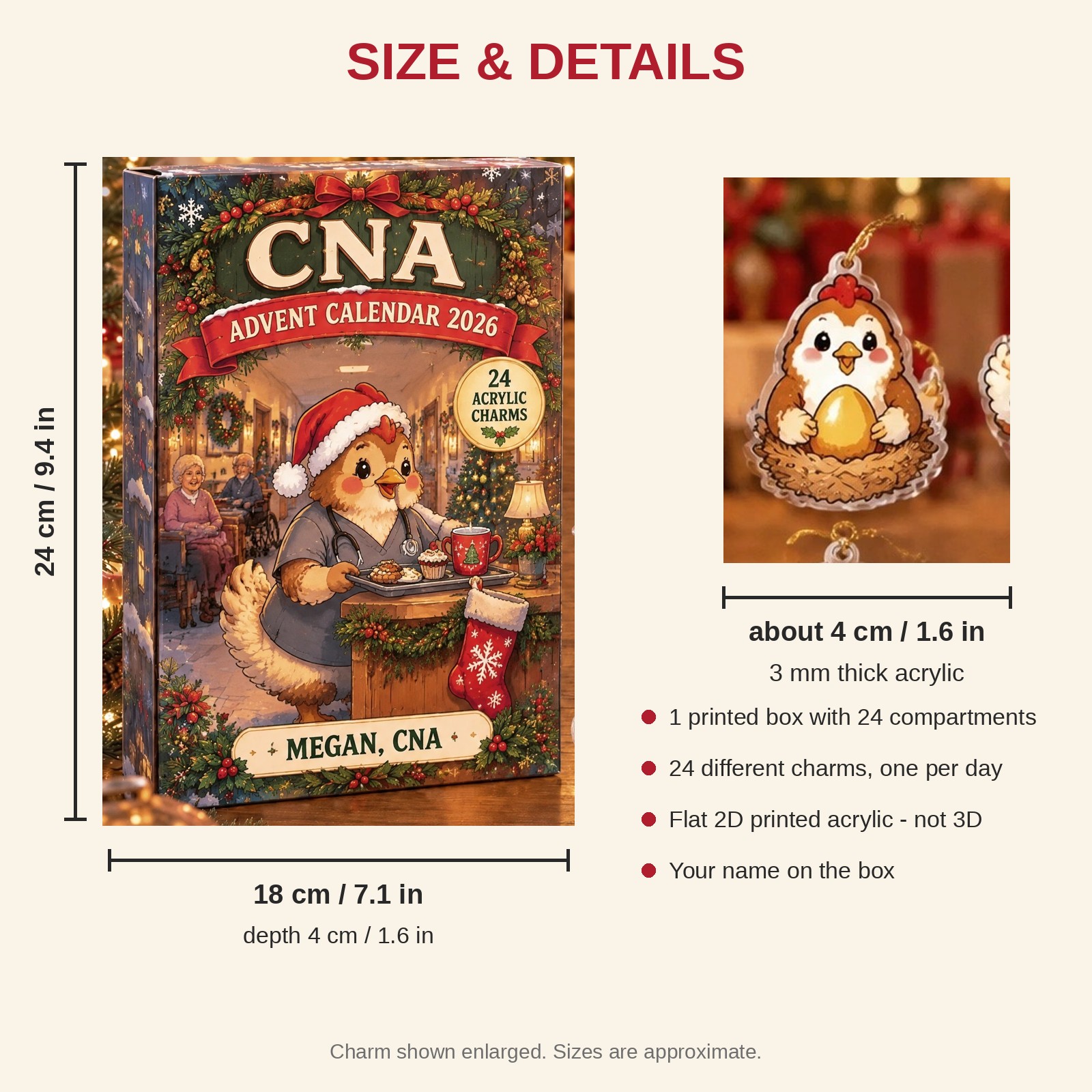 Personalized CNA Chicken advent calendar box with 24 flat acrylic Christmas charms: box and charm sizes