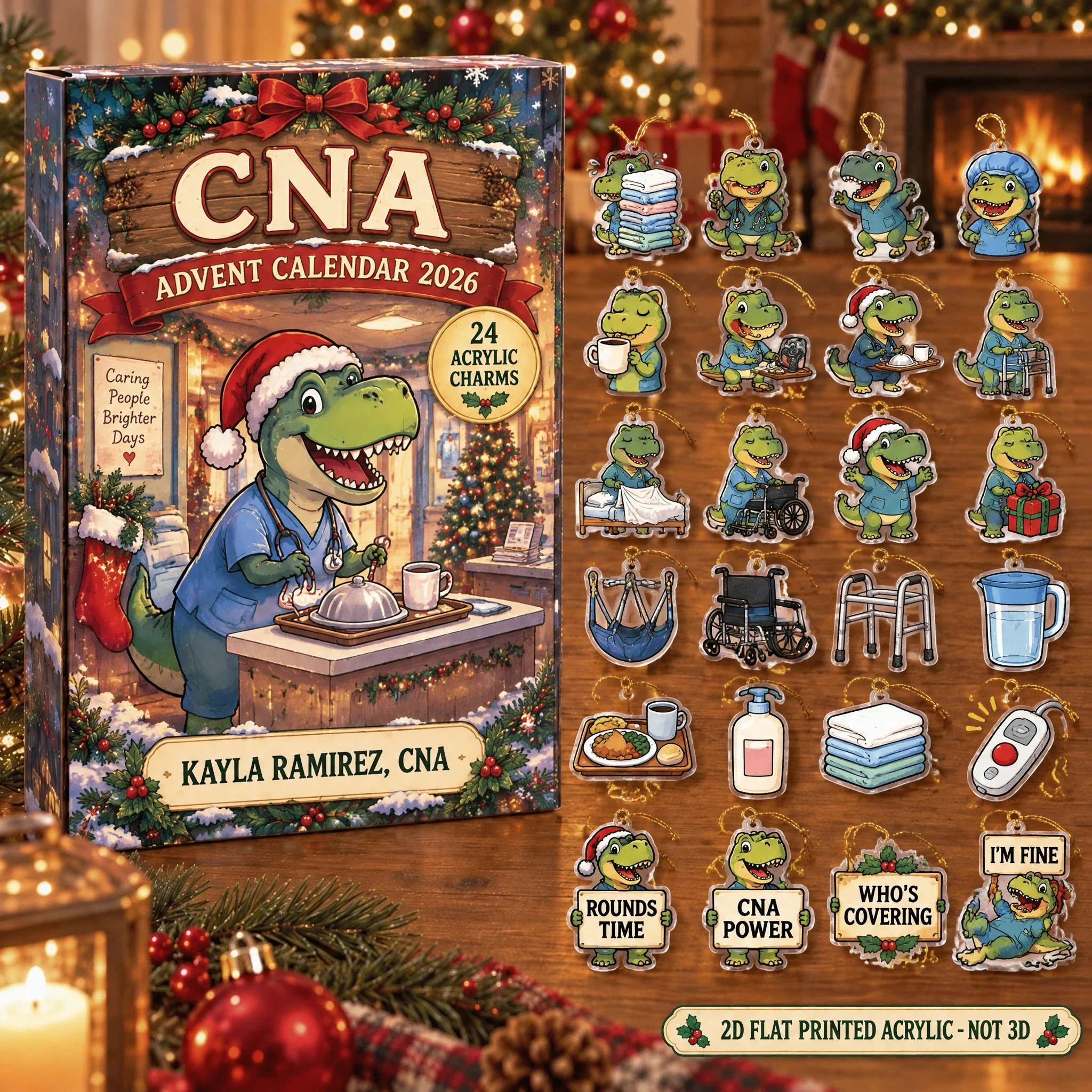 Personalized CNA Dinosaur advent calendar box with 24 flat acrylic Christmas charms