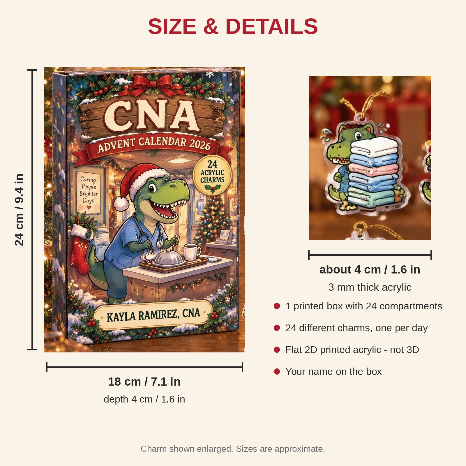 Personalized CNA Dinosaur advent calendar box with 24 flat acrylic Christmas charms: box and charm sizes