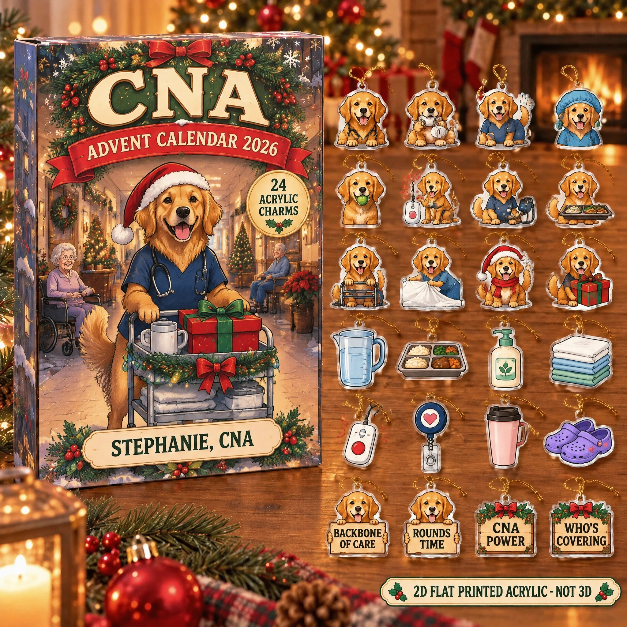 Personalized CNA Dog advent calendar box with 24 flat acrylic Christmas charms
