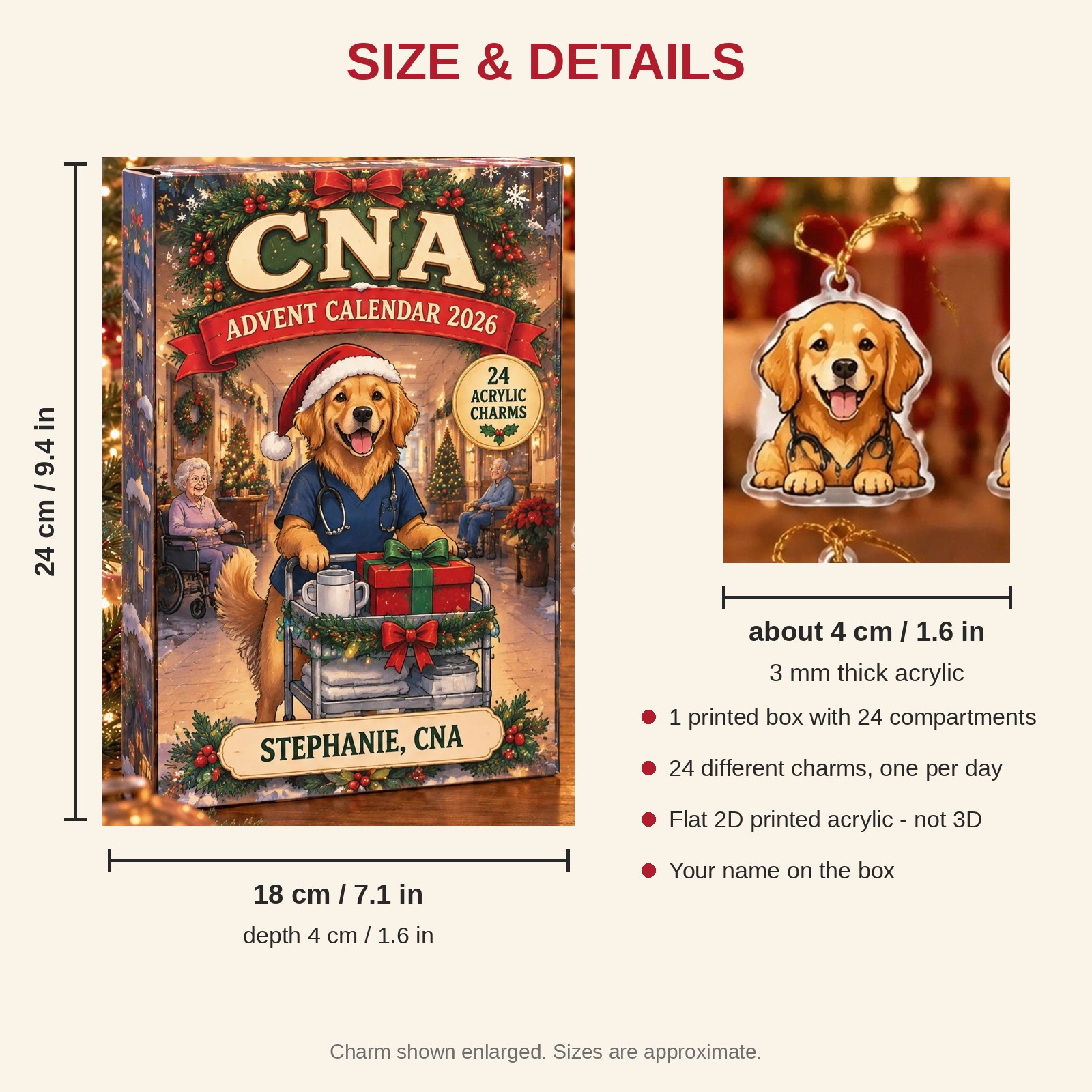 Personalized CNA Dog advent calendar box with 24 flat acrylic Christmas charms: box and charm sizes