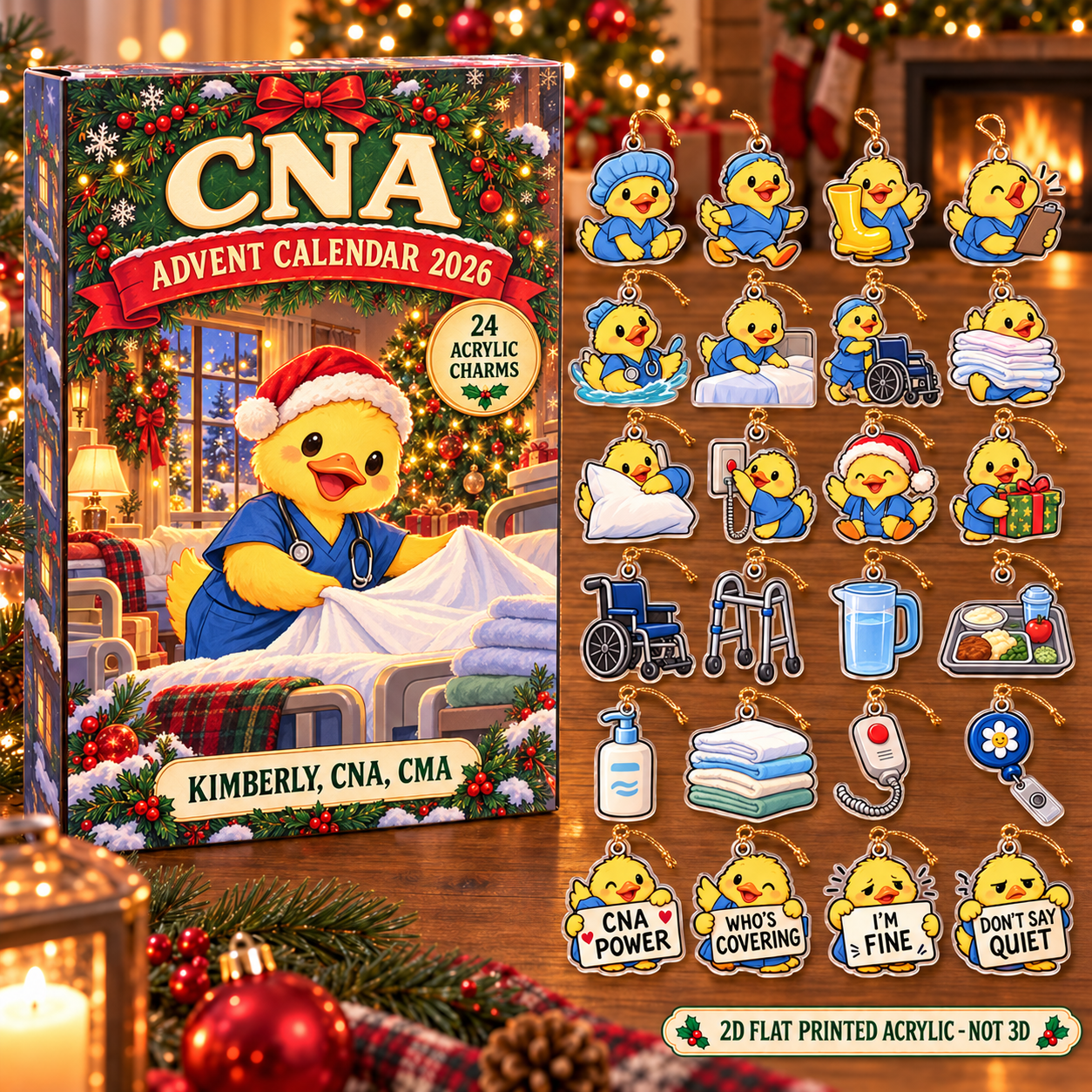 Personalized CNA Duck advent calendar box with 24 flat acrylic Christmas charms
