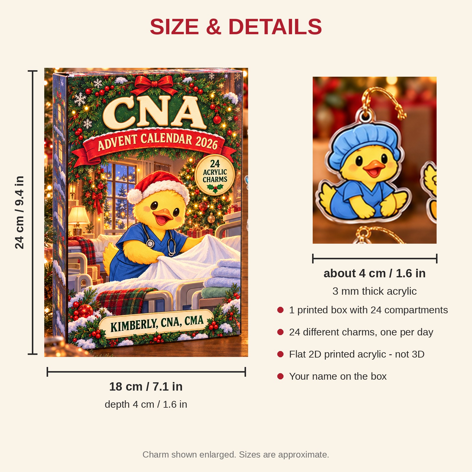 Personalized CNA Duck advent calendar box with 24 flat acrylic Christmas charms: box and charm sizes
