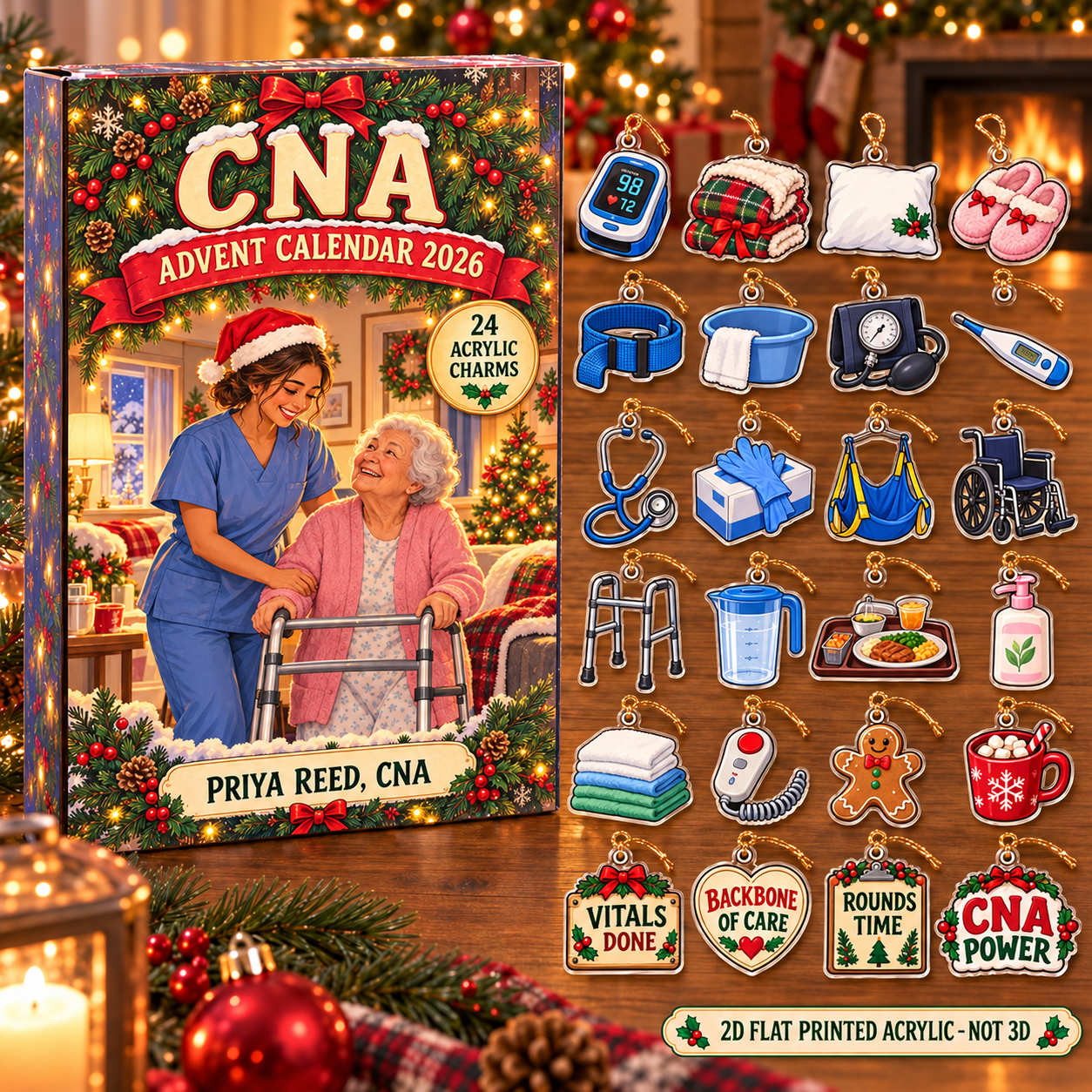 Personalized CNA Essentials advent calendar box with 24 flat acrylic Christmas charms