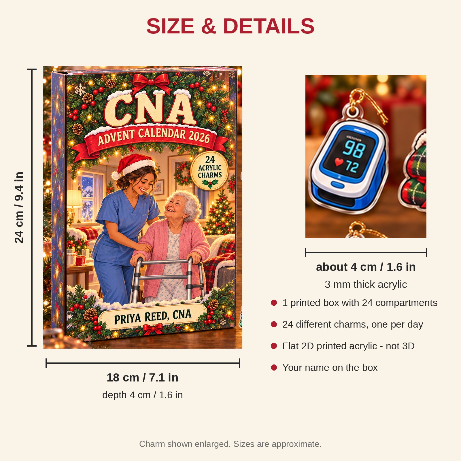Personalized CNA Essentials advent calendar box with 24 flat acrylic Christmas charms: box and charm sizes