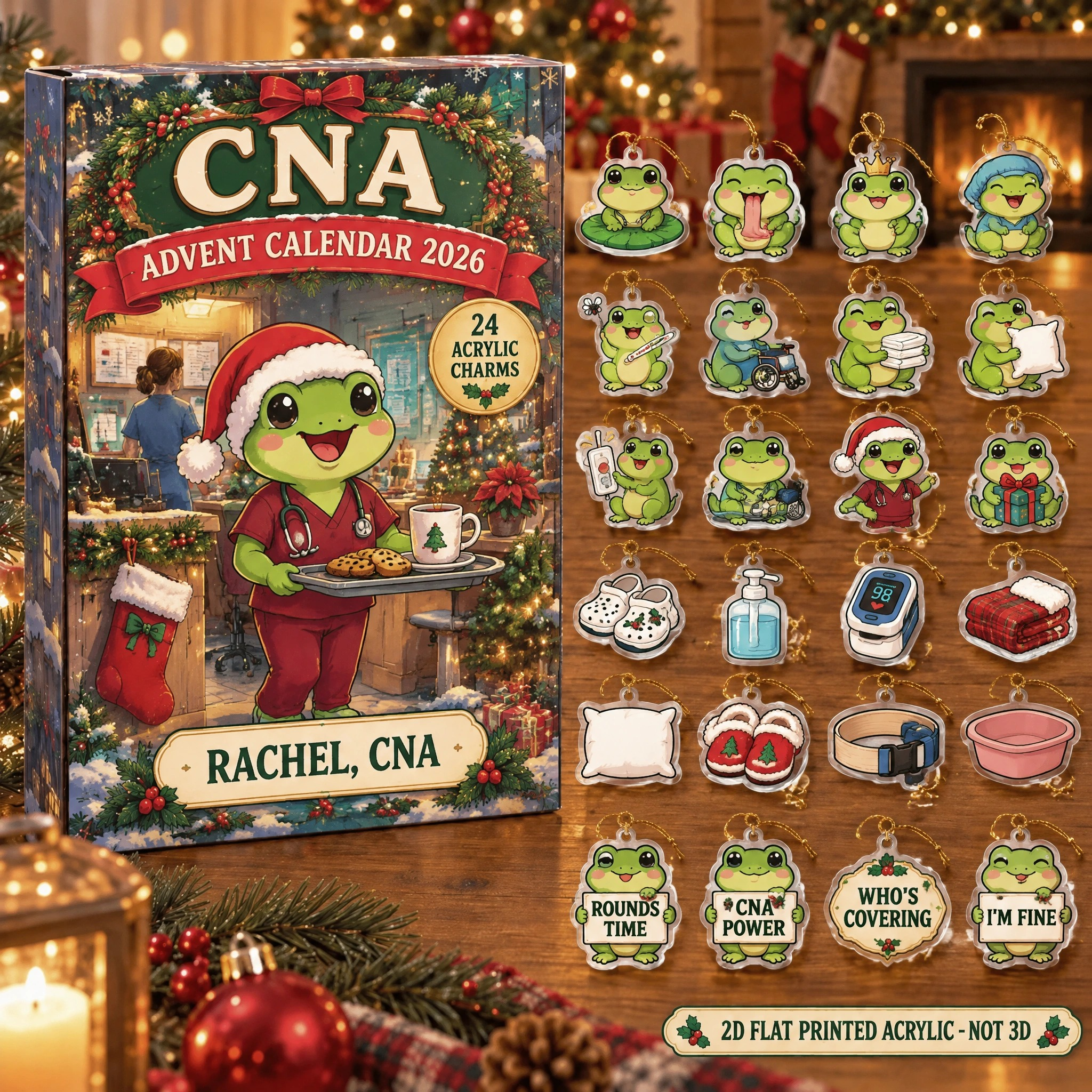 Personalized CNA Frog advent calendar box with 24 flat acrylic Christmas charms