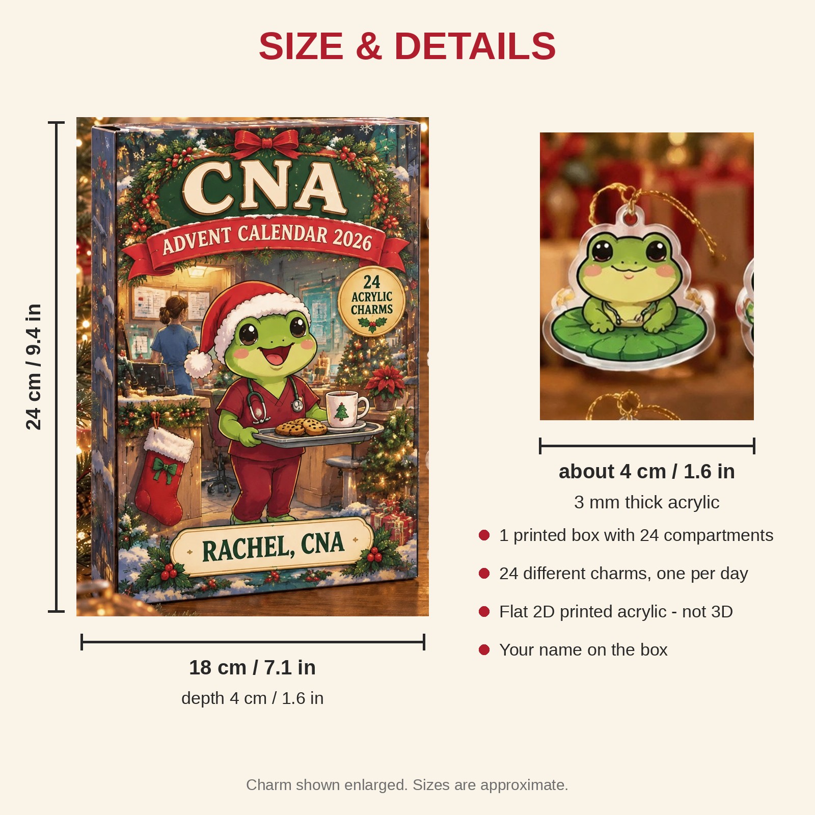 Personalized CNA Frog advent calendar box with 24 flat acrylic Christmas charms: box and charm sizes
