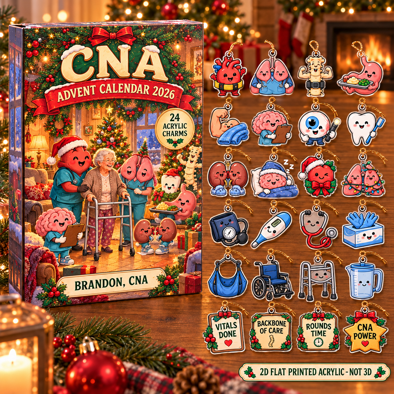Personalized Funny Anatomy CNA advent calendar box with 24 flat acrylic Christmas charms