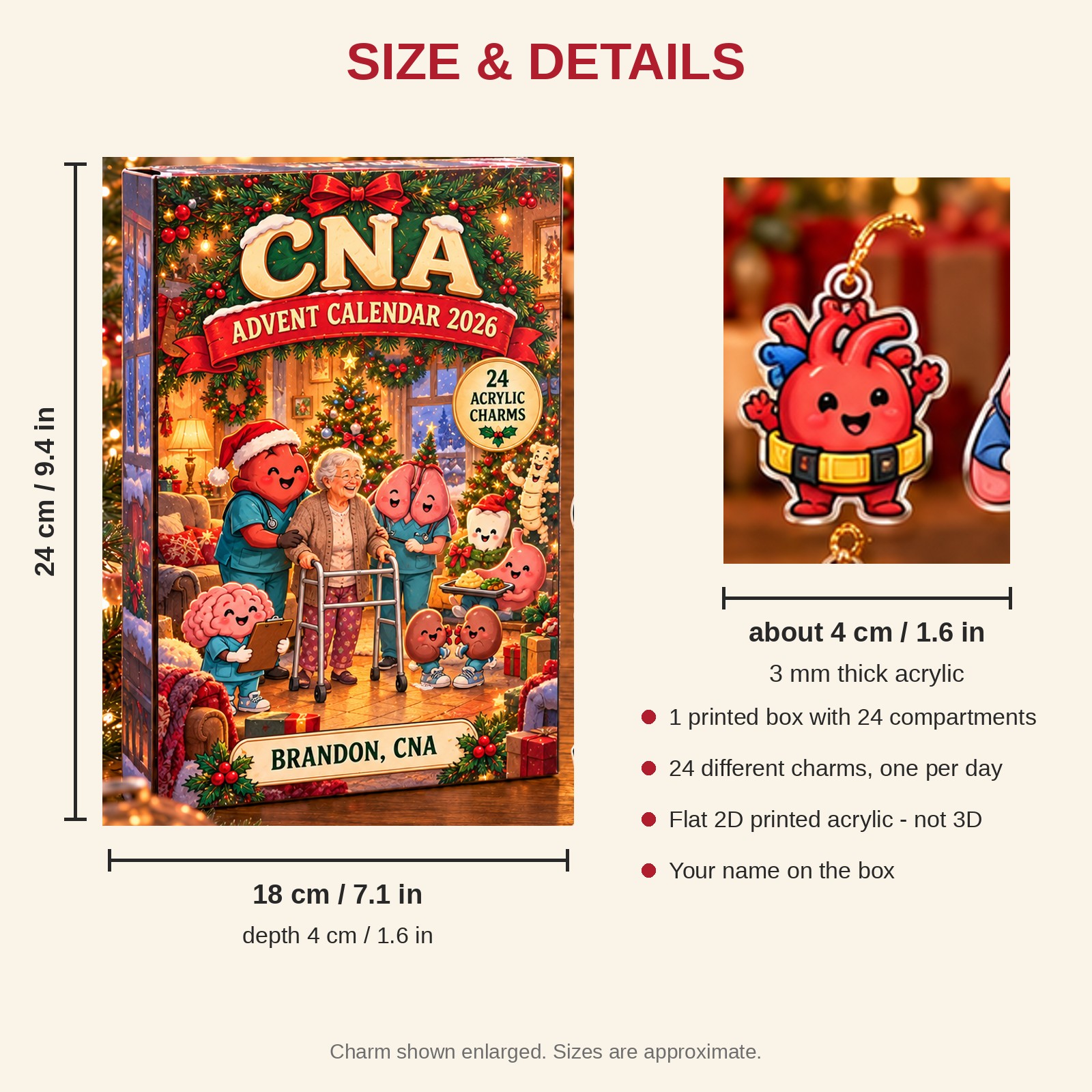 Personalized Funny Anatomy CNA advent calendar box with 24 flat acrylic Christmas charms: box and charm sizes