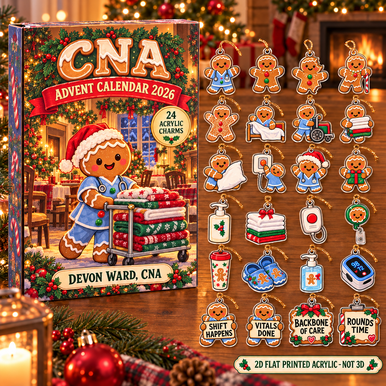 Personalized Gingerbread CNA advent calendar box with 24 flat acrylic Christmas charms