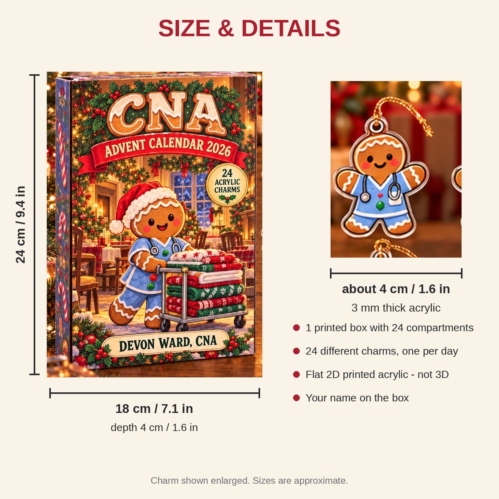 Personalized Gingerbread CNA advent calendar box with 24 flat acrylic Christmas charms: box and charm sizes