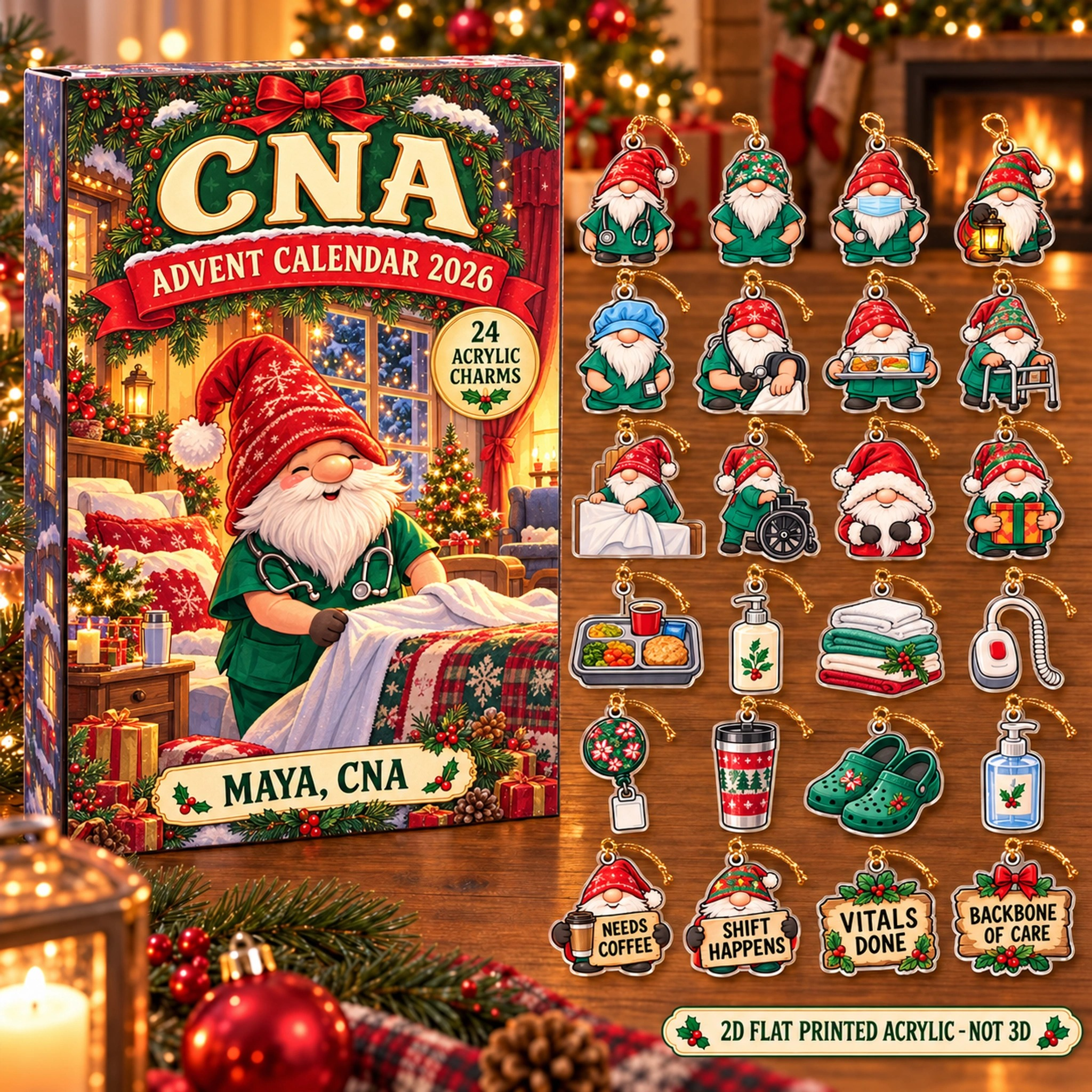Personalized Gnome CNA advent calendar box with 24 flat acrylic Christmas charms