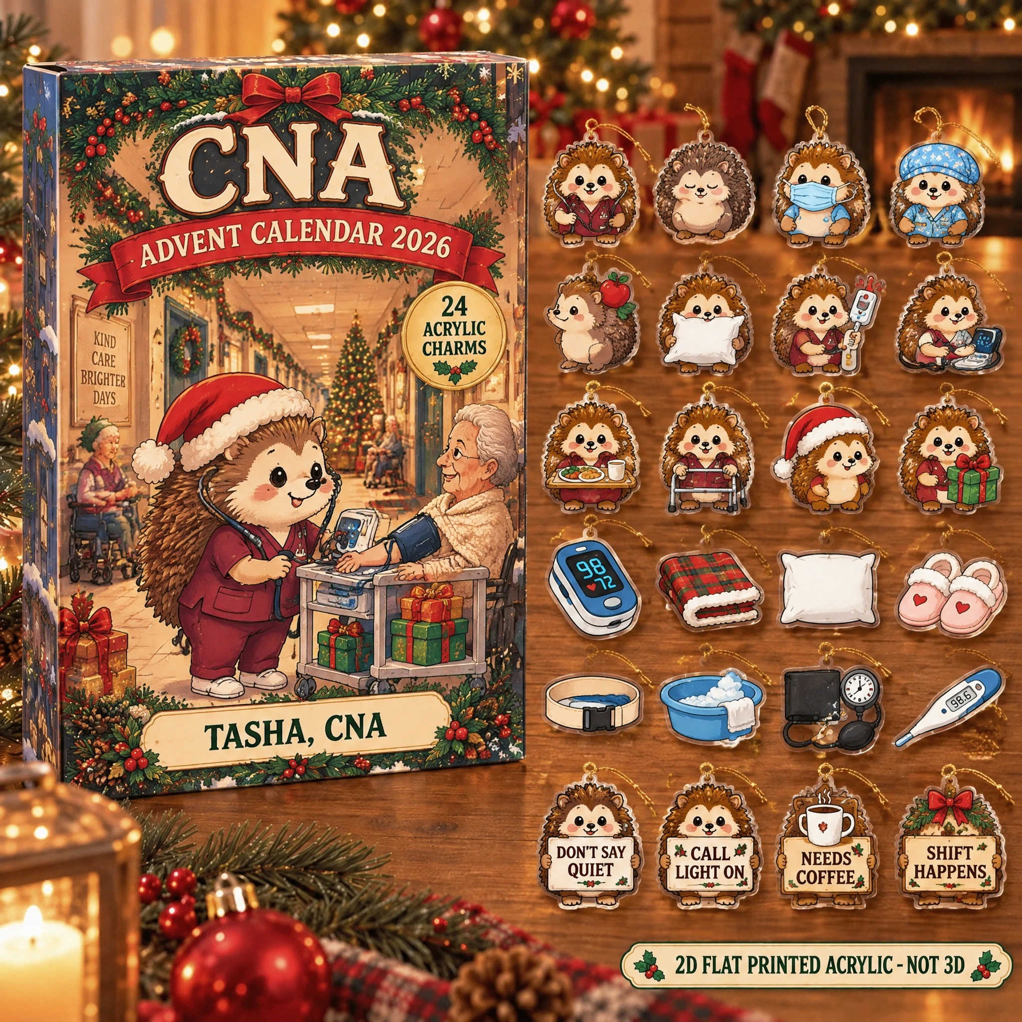 Personalized CNA Hedgehog advent calendar box with 24 flat acrylic Christmas charms